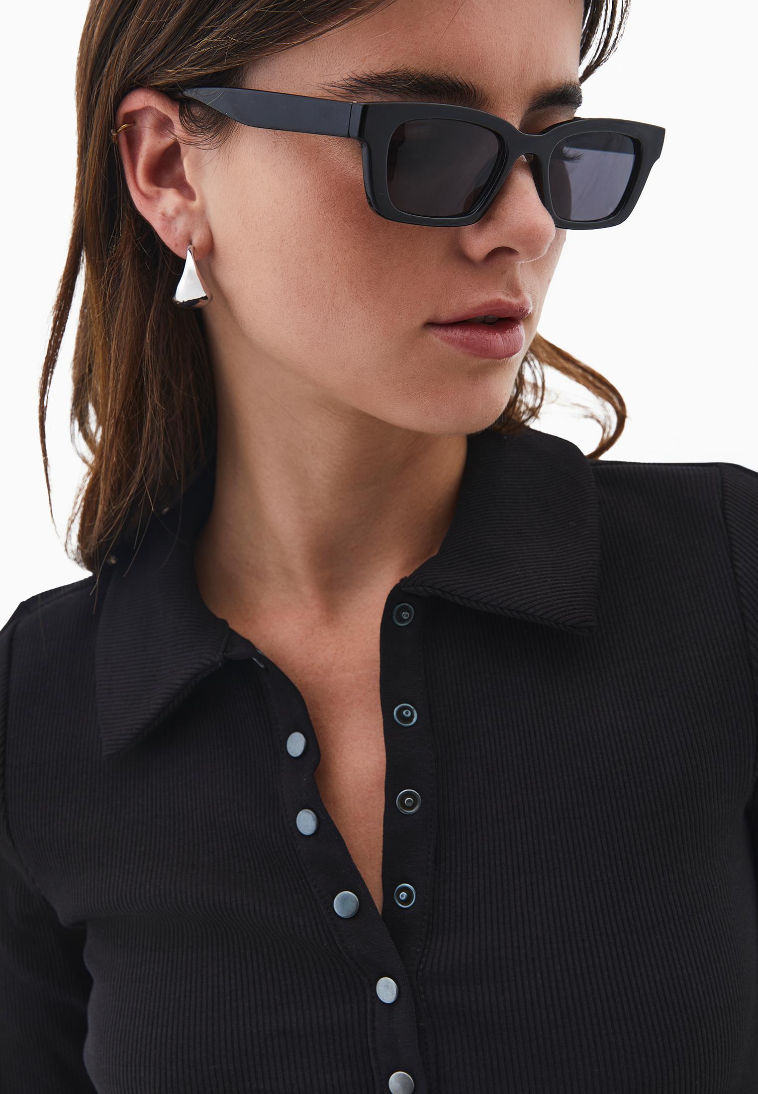 Polo Collar Long Sleeve Bodycon T-Shirt - BLACK
