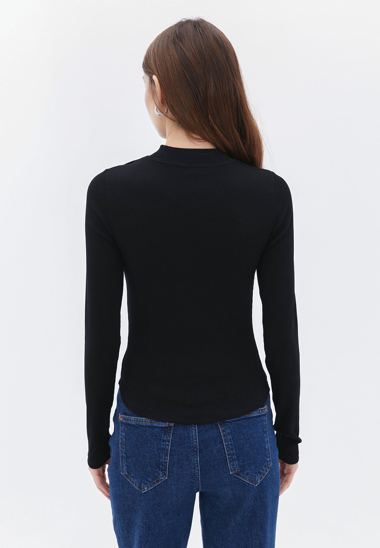 High Neck Long Sleeve Bodycon T-Shirt - BLACK