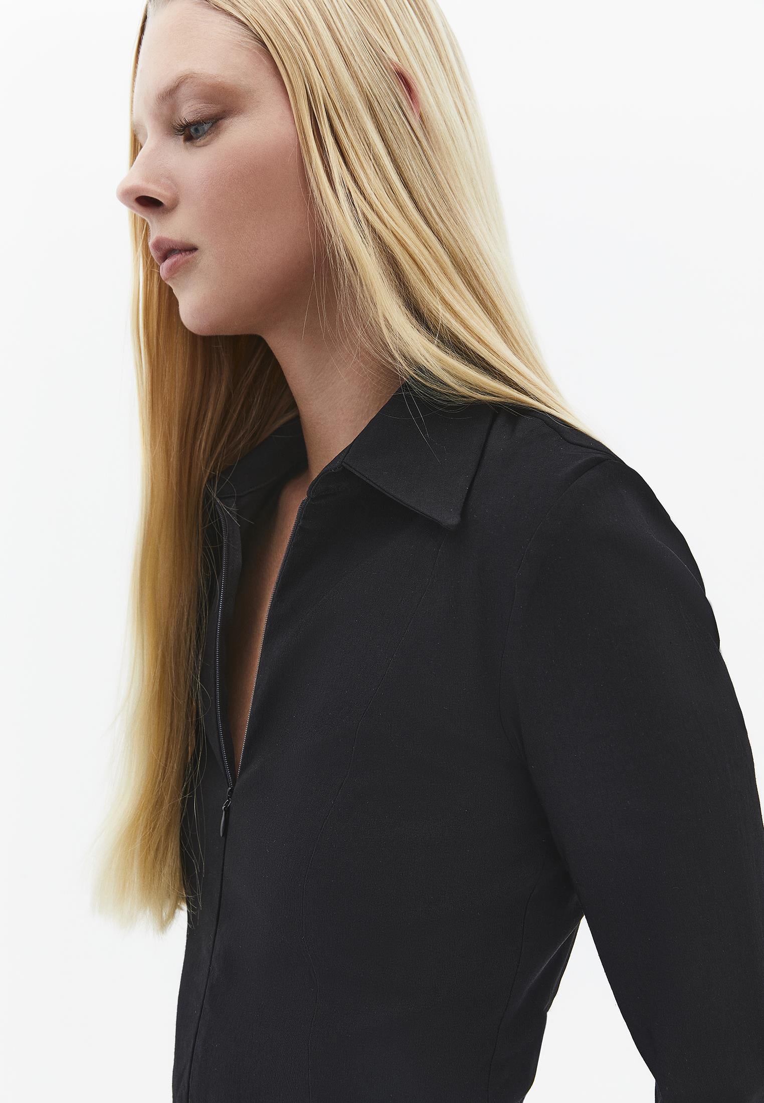 Short Dress With Shirt Collar And Zipper Detail - BLACK