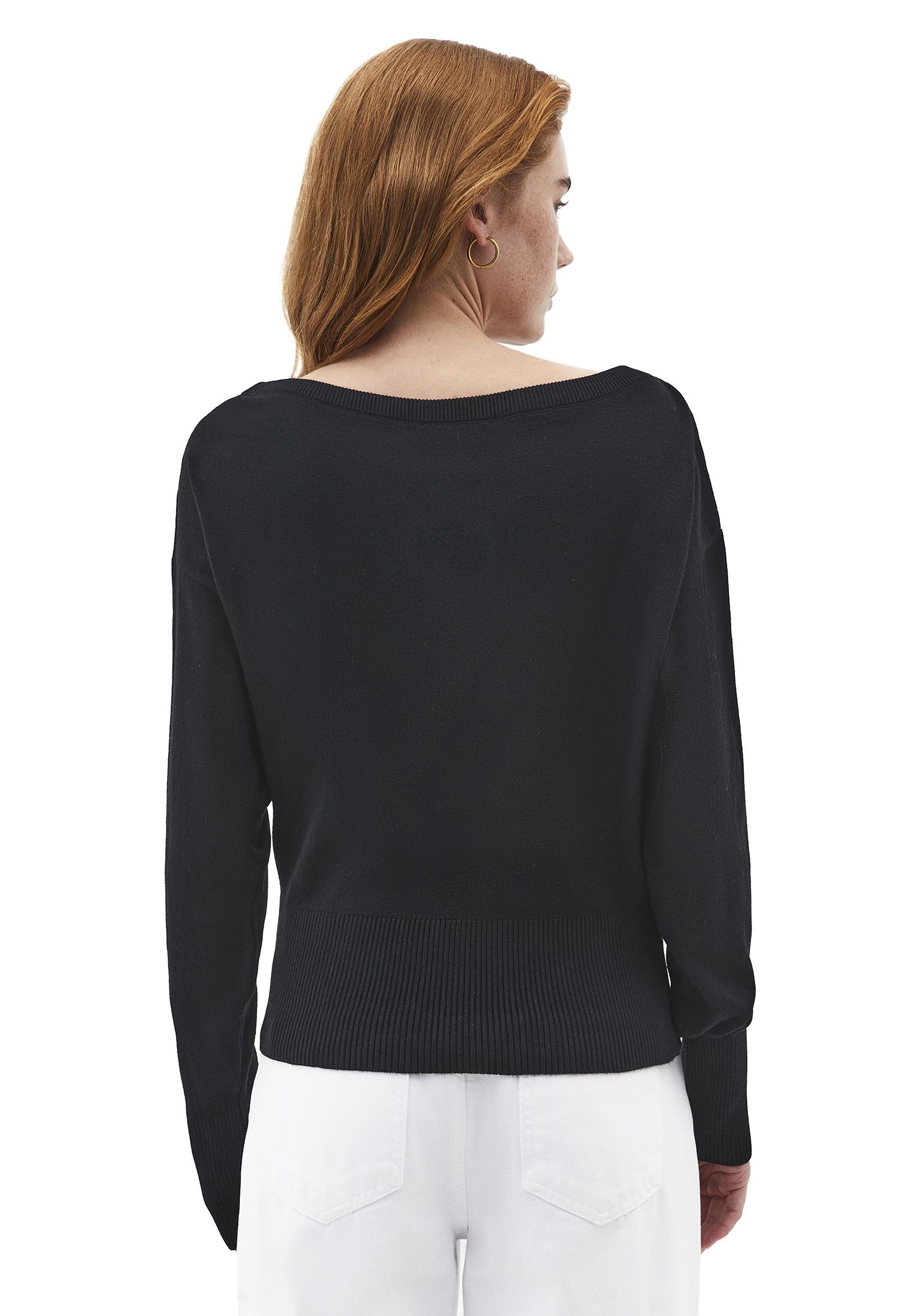 Boat Neck Long Sleeve Sweater - BLACK
