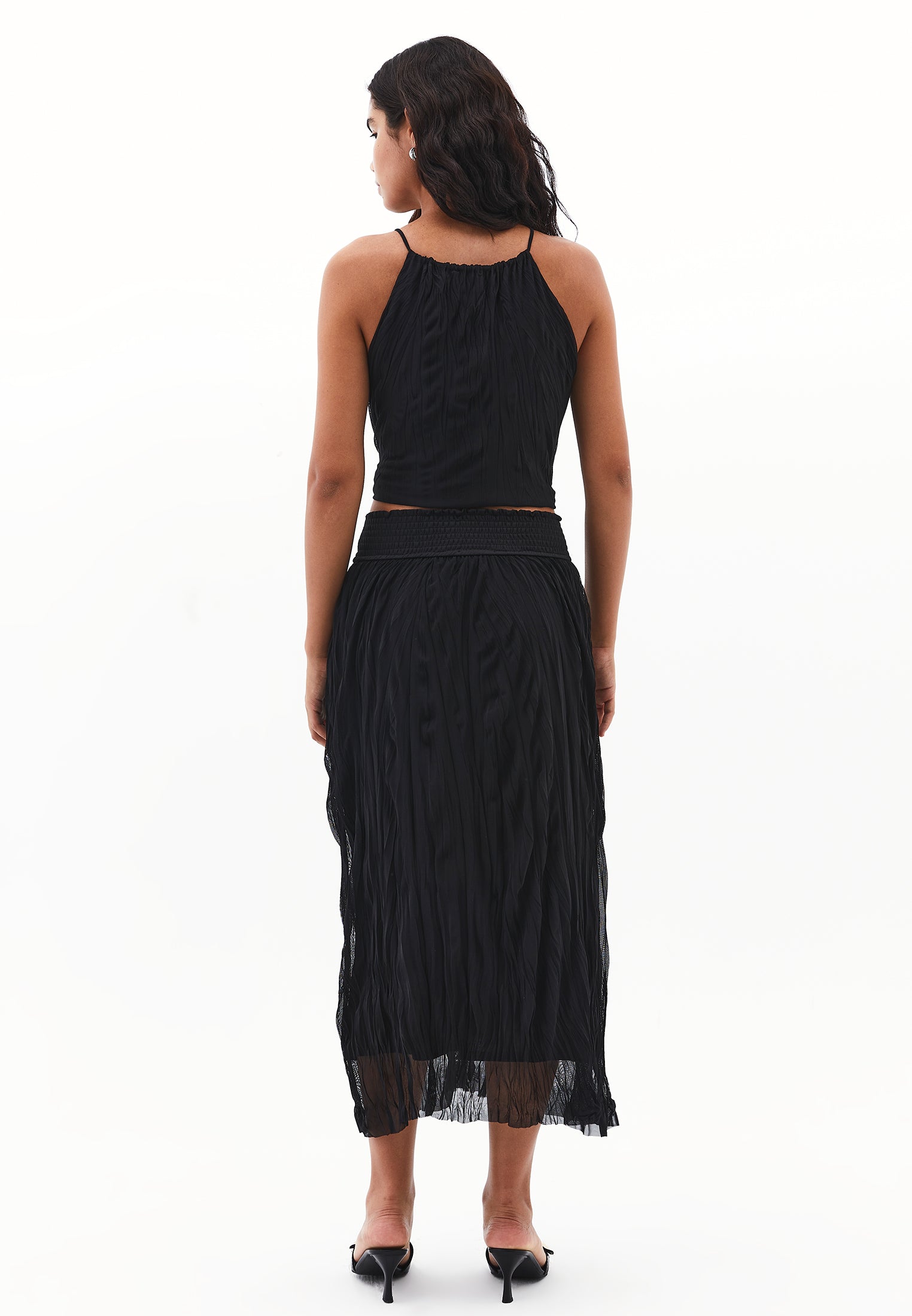 Wrinkled Look Midi Skirt - BLACK