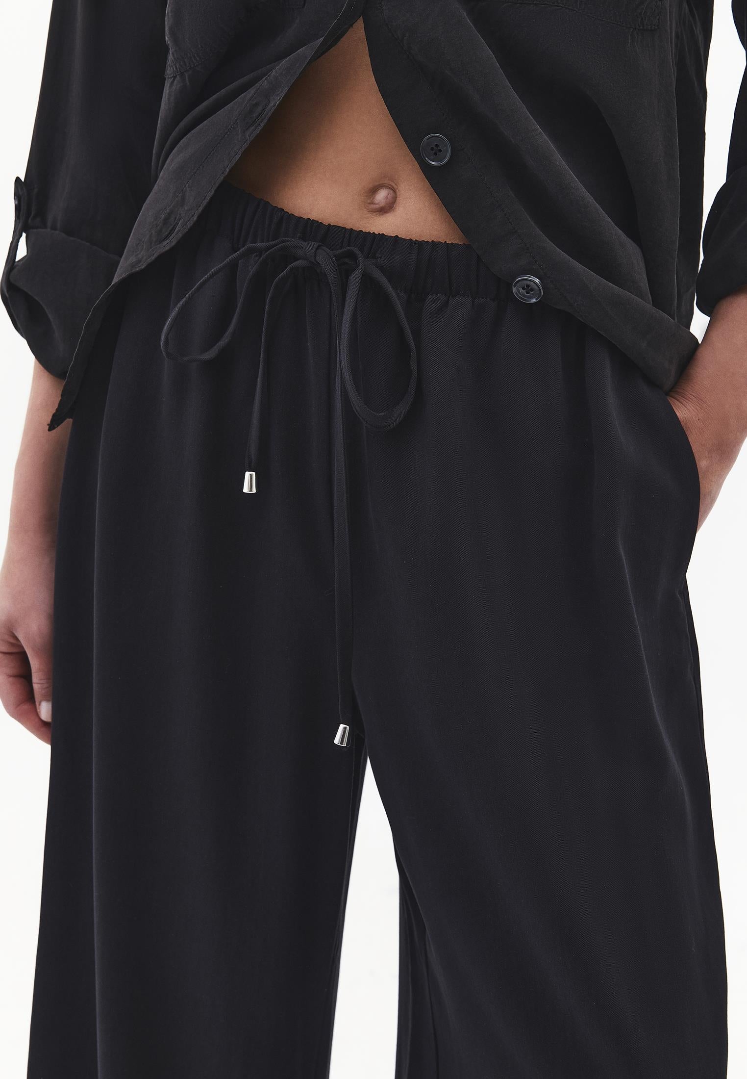 Wide Leg High Waist Elastic Pants - BLACK