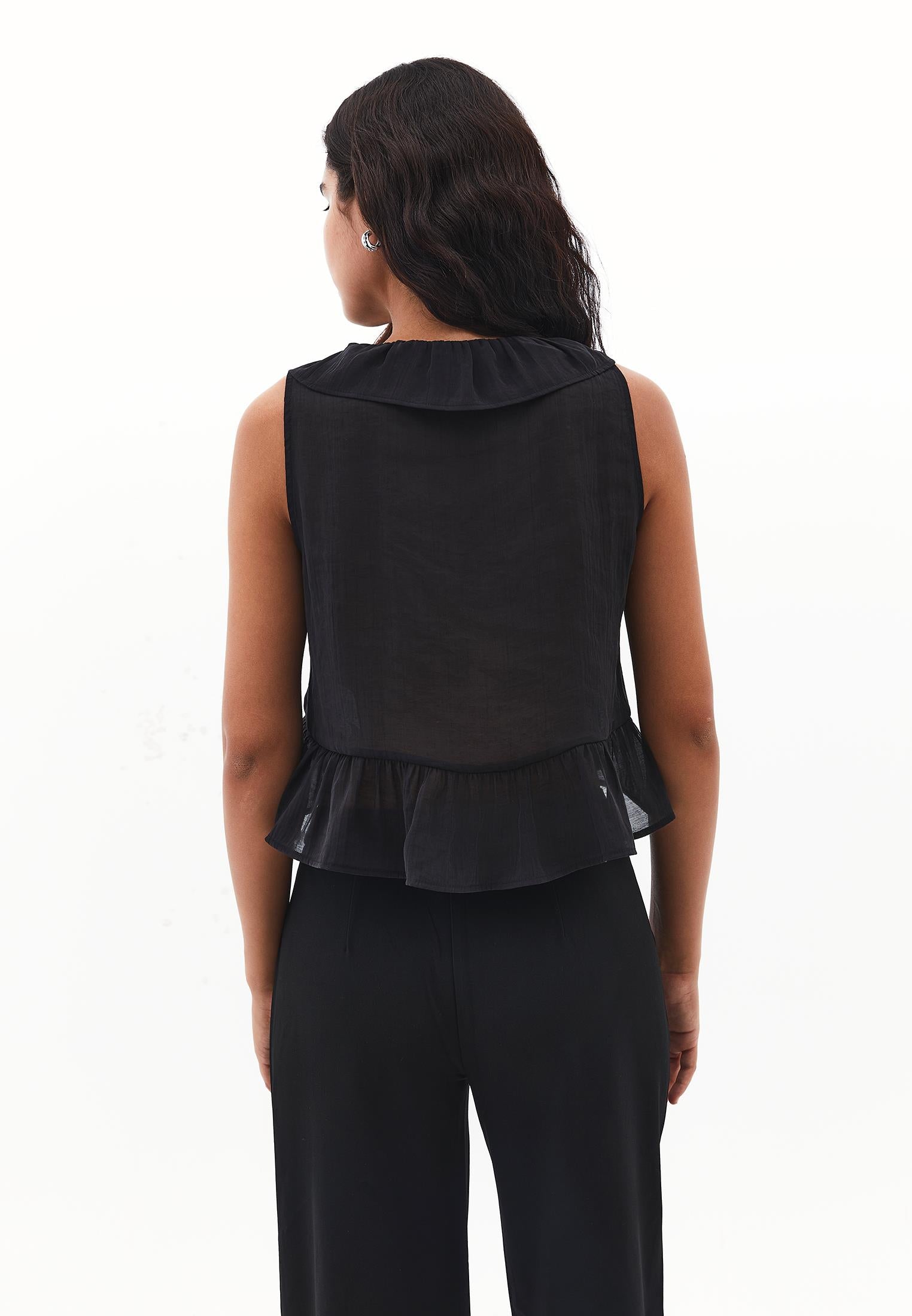 Sleeveless Blouse With Ruffle Detail And V Neck - BLACK