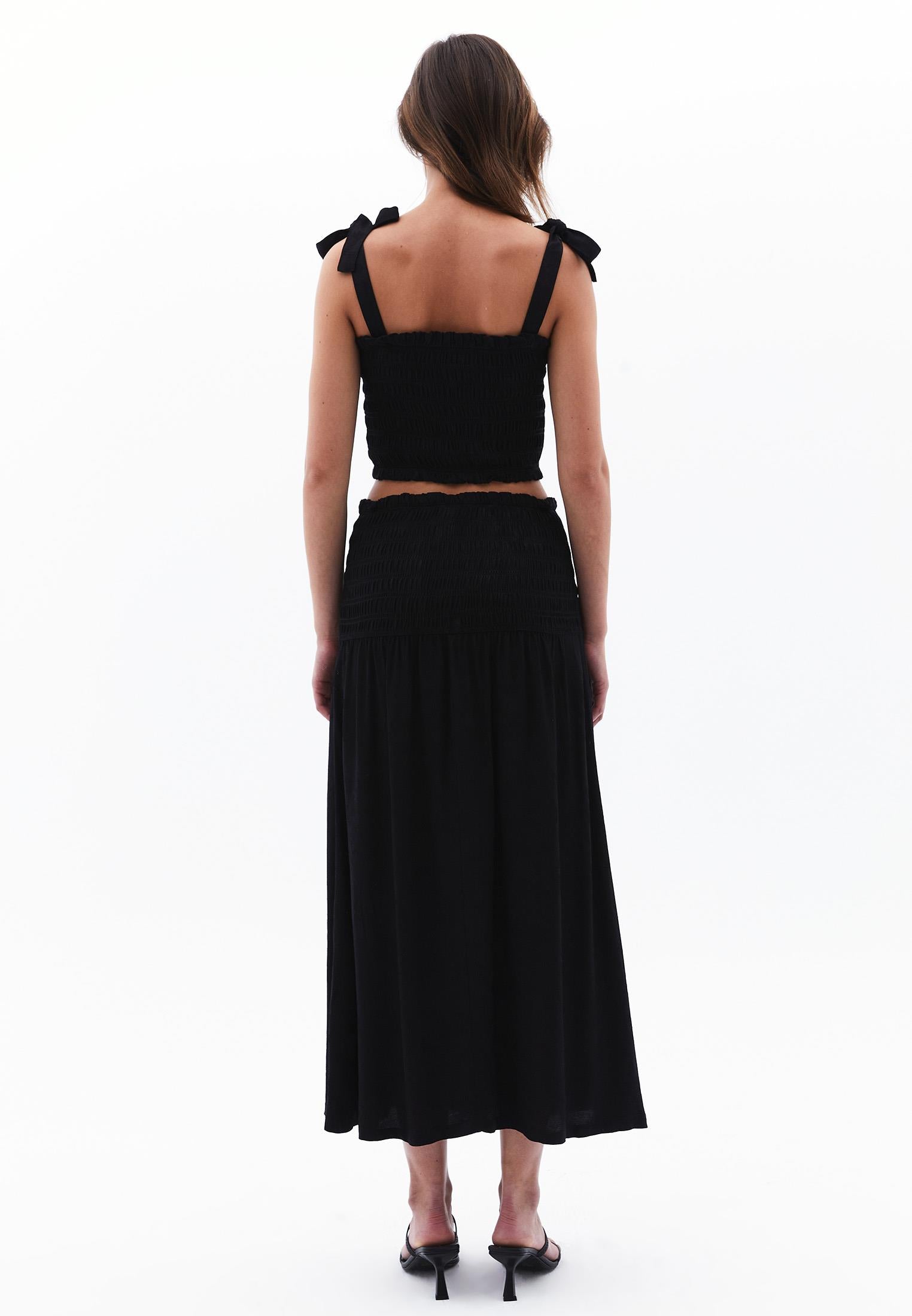 Flared Long High Waist Woven Skirt With Shirred Waist - BLACK