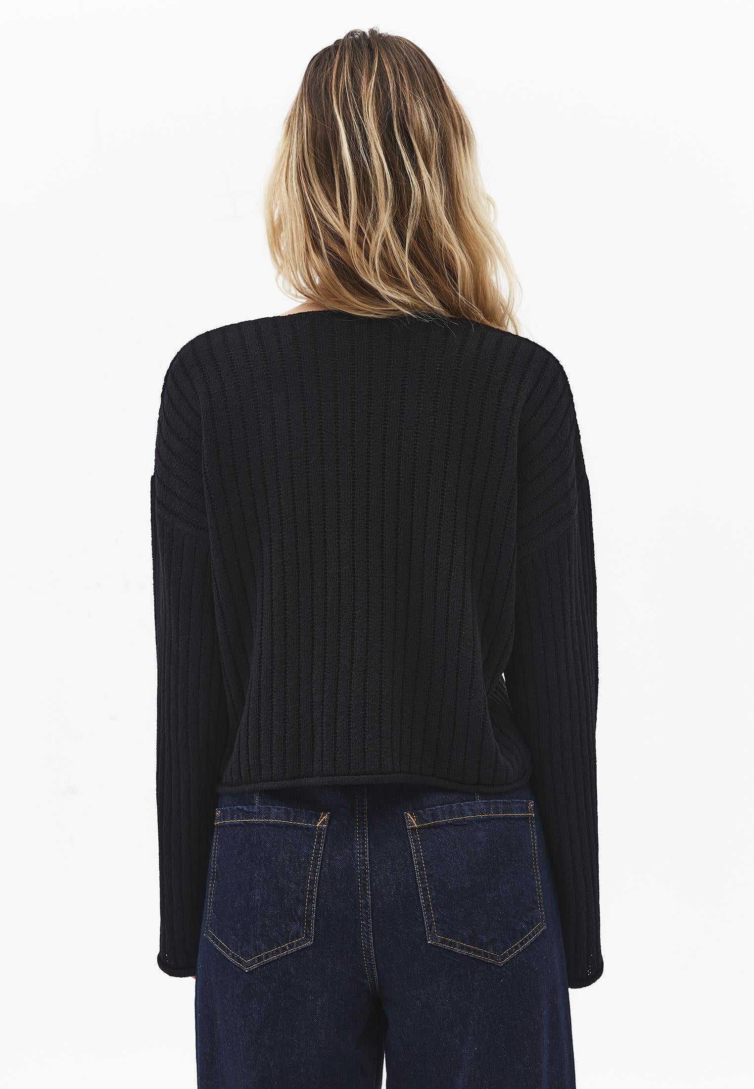 Ribbed V-Neck Long Sleeve Sweater - BLACK