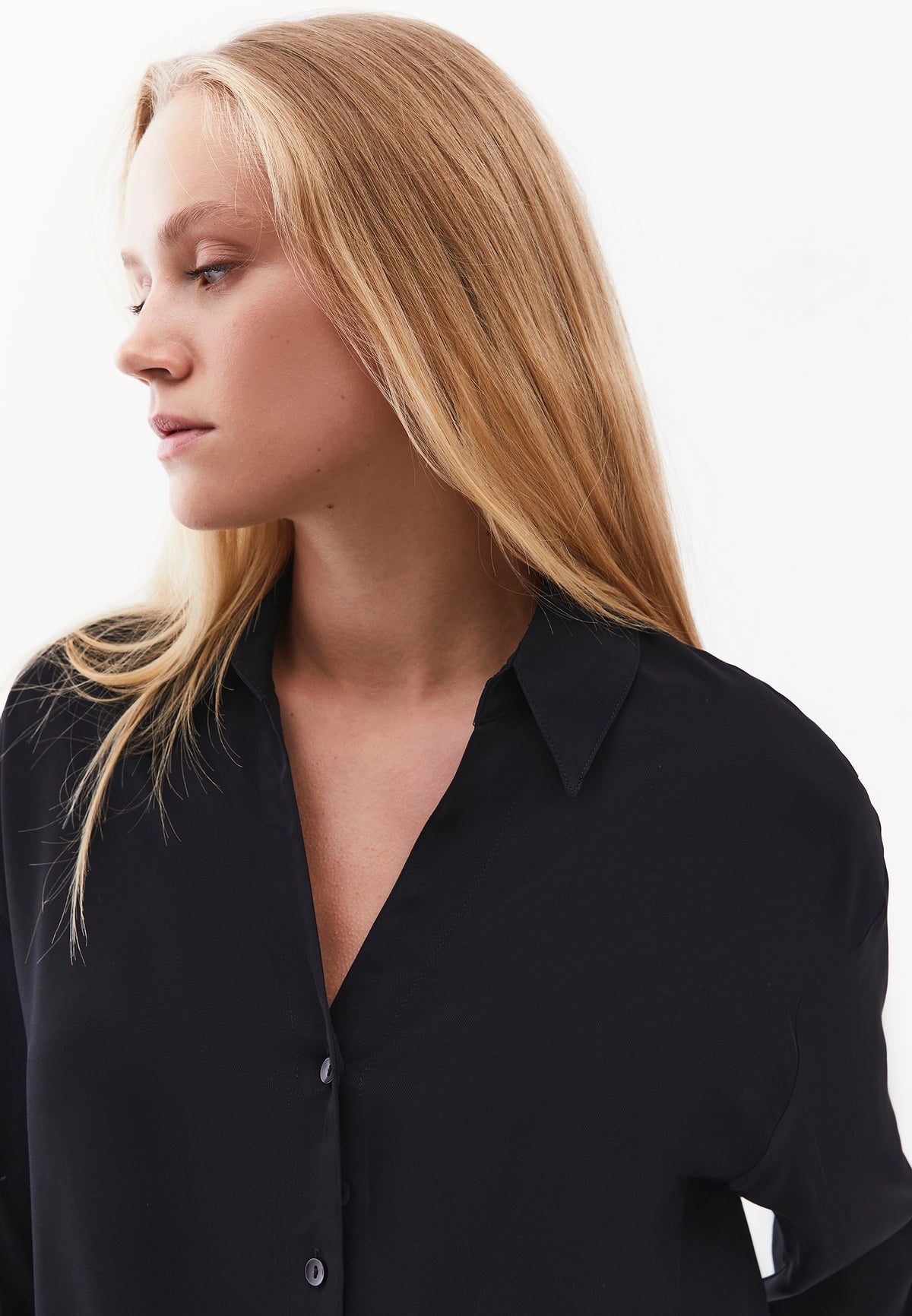 Long Sleeve Shirt with Button Detail and Shirt Collar - BLACK