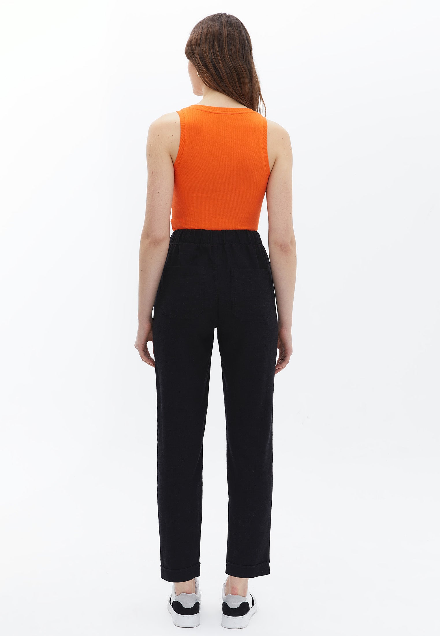 High Waist Elastic Carrot Pants - BLACK