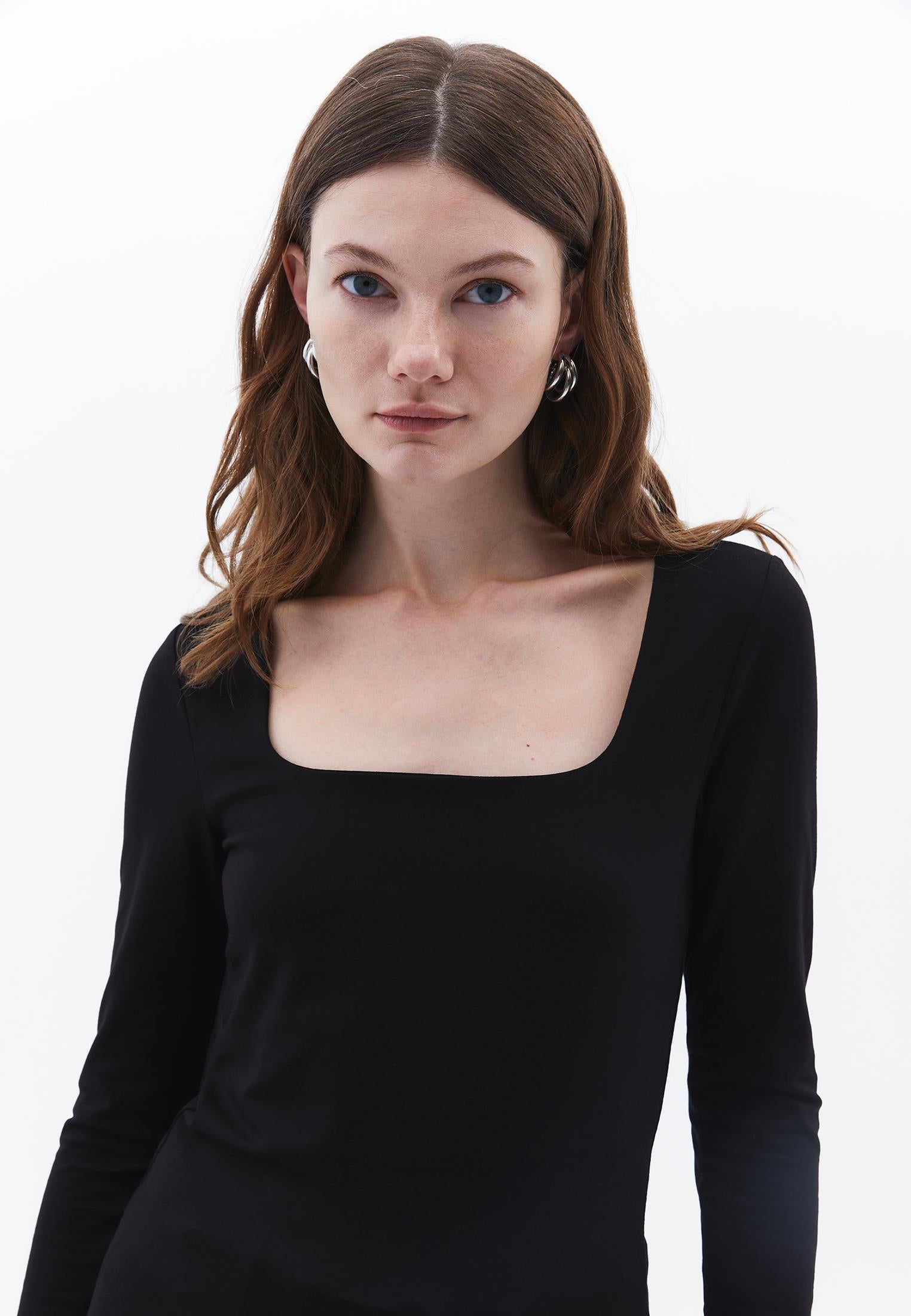 Square Neck Long Sleeve T-Shirt - BLACK