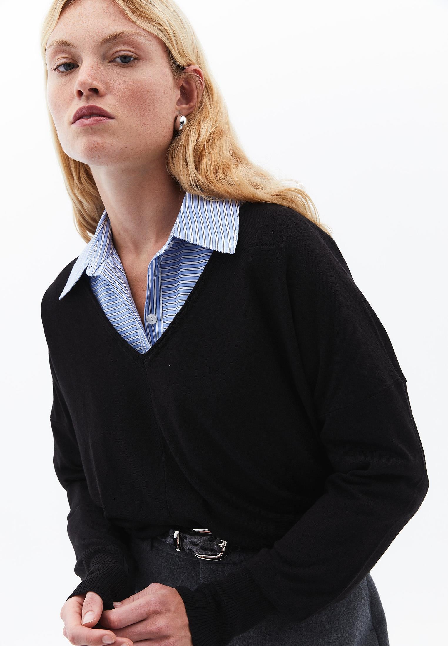 V Neck Long Sleeve Knitwear - BLACK