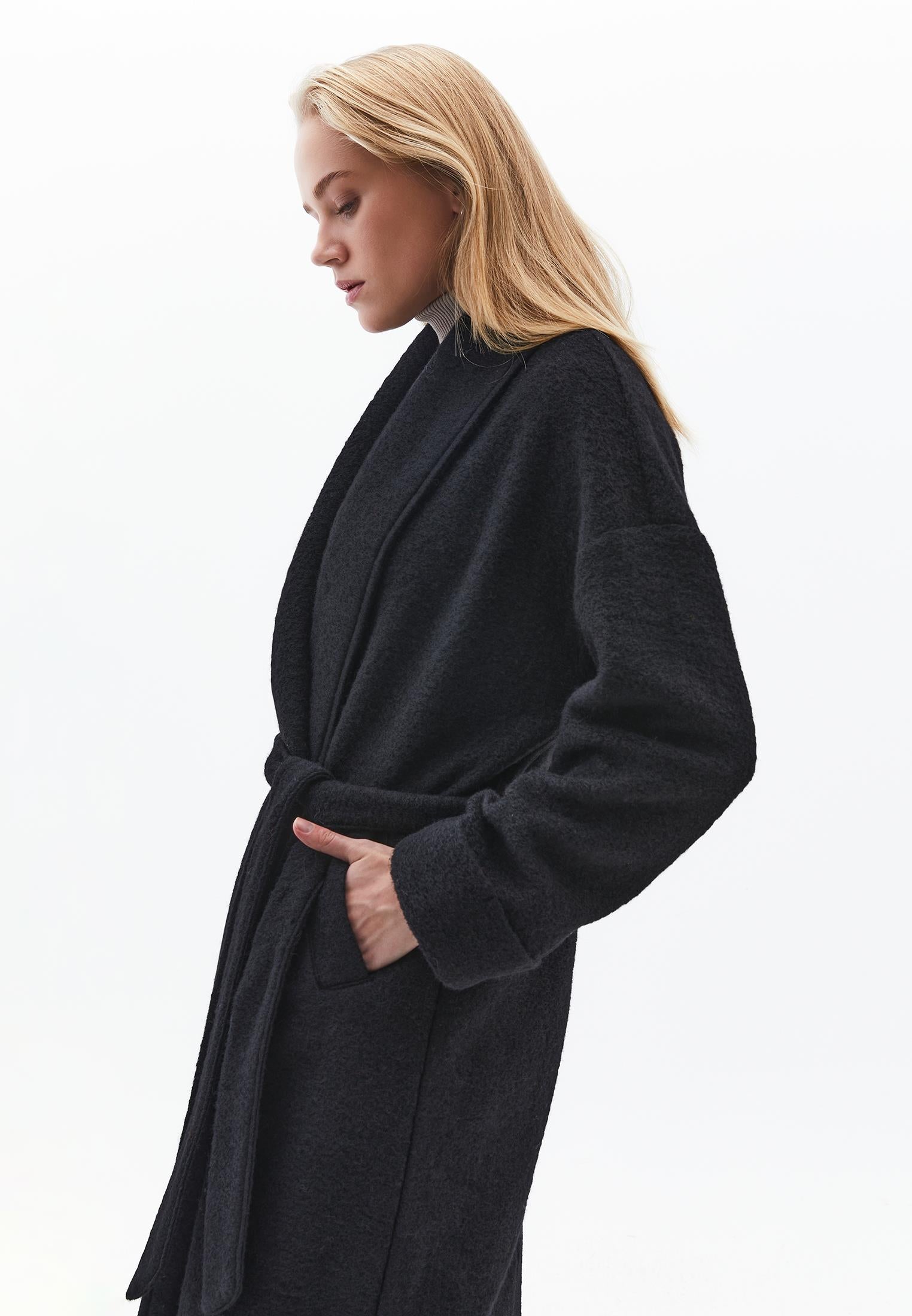 Long Coat With Shawl Collar And Belt Detail - BLACK