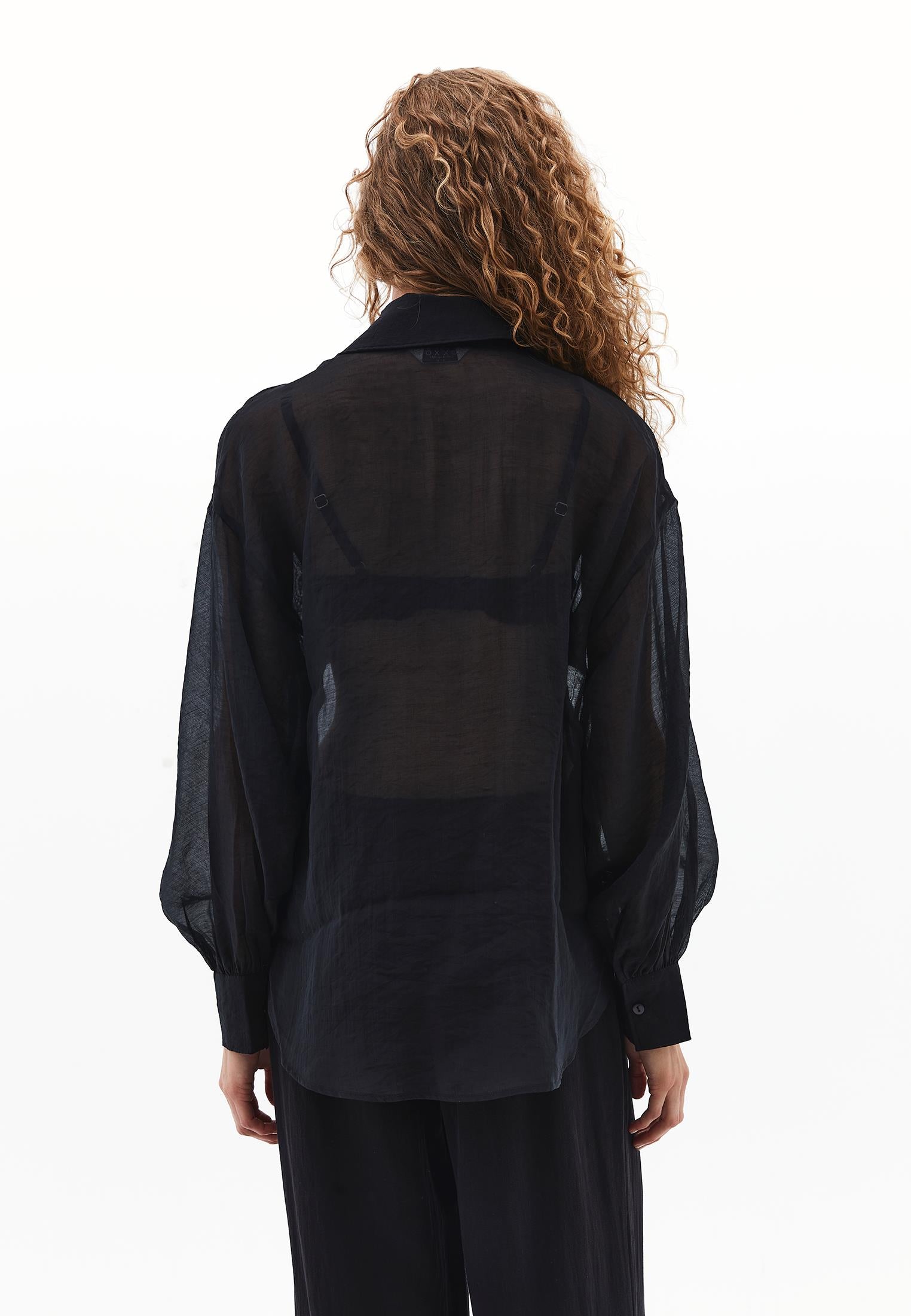 Loose Shirt With Balloon Sleeves And Pocket Detail - BLACK