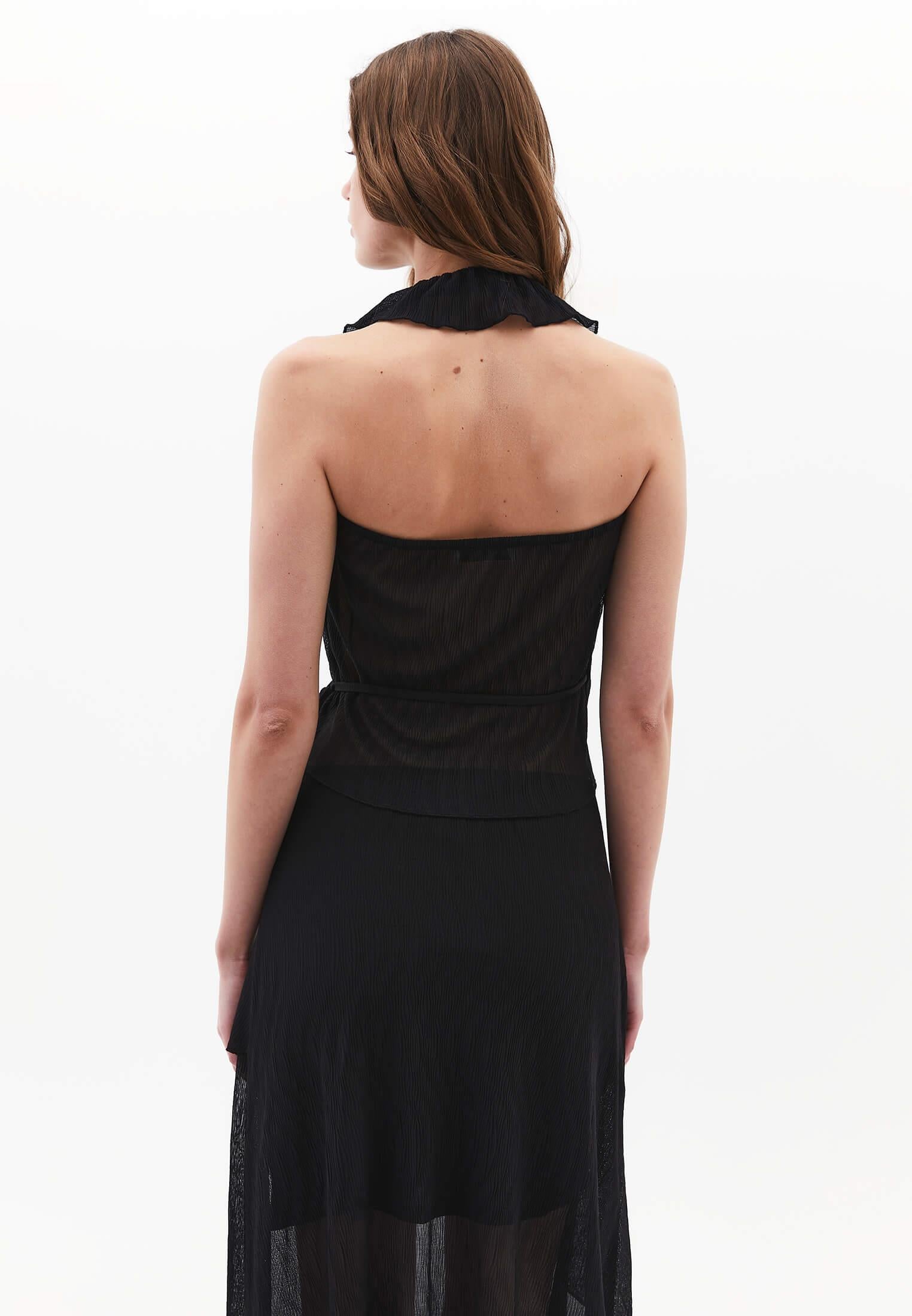 V Neck Sleeveless Ruffled Detailed Blouse - BLACK