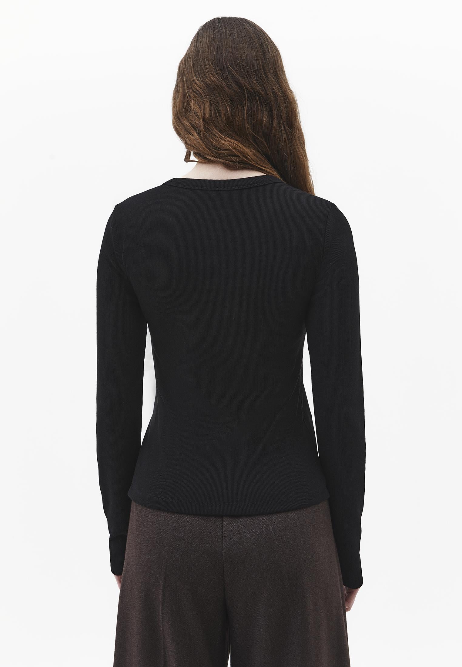 Button Detailed Crew Neck Long Sleeve T-Shirt - BLACK