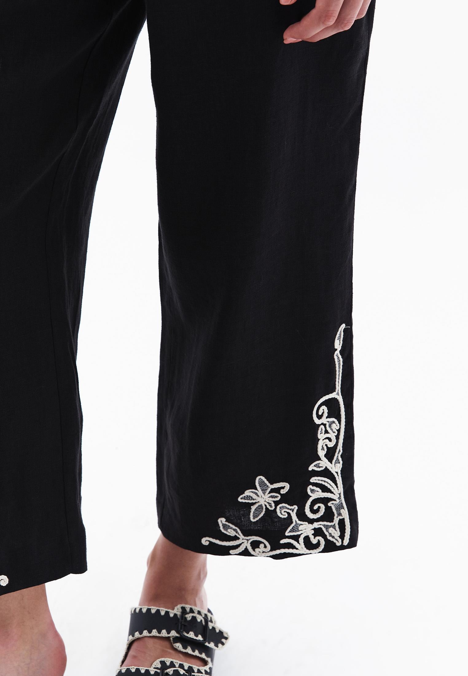 Ultra High Waist Embroidered Straight Leg Pants - BLACK