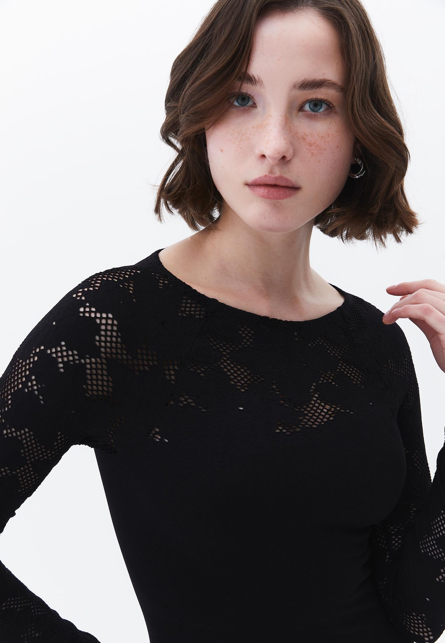 Jacquard Boat Neck Bodycon T-Shirt Long Sleeve - BLACK
