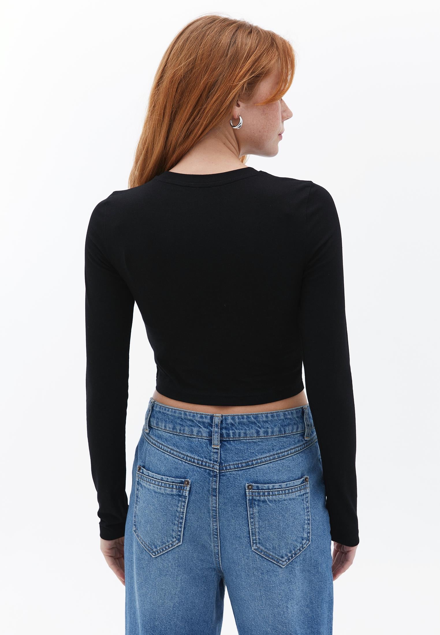 Cropped High Neck Long Sleeve T-Shirt - BLACK