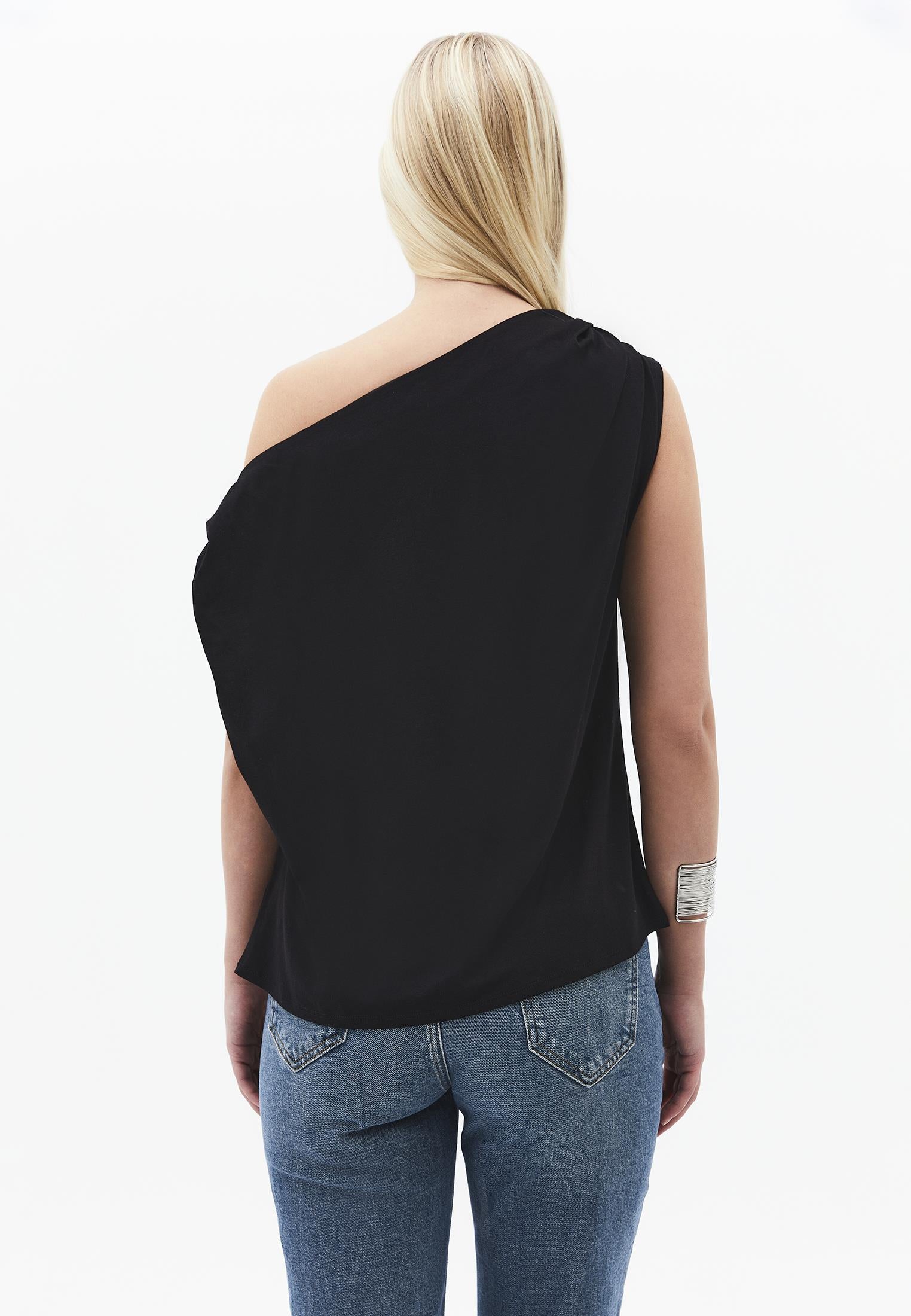 Pleated Asymmetric T-Shirt - BLACK