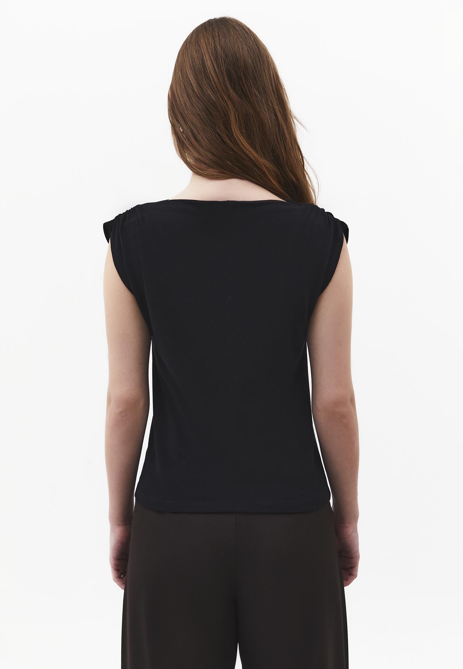 Boat Neck Sleeveless Ruched Tank Top - BLACK