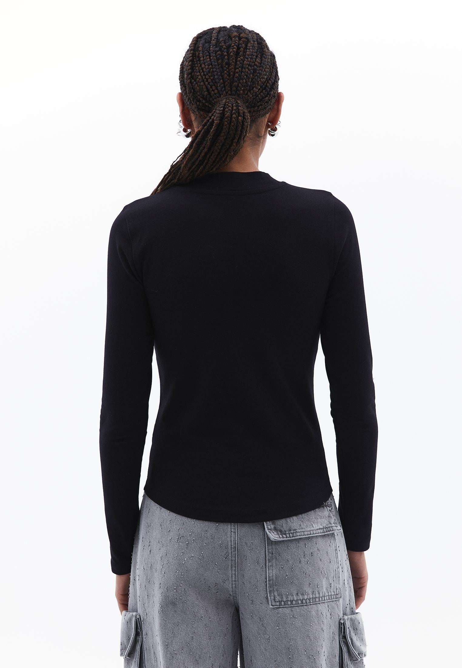 High Neck Long Sleeve T-Shirt - BLACK