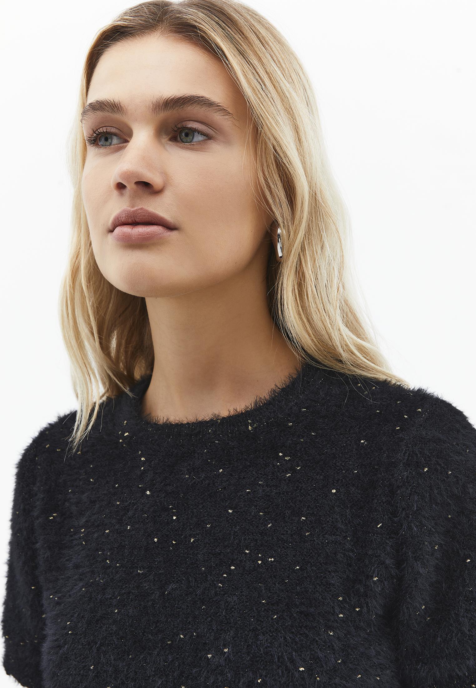 Raglan Sleeve Short Sleeve Crew Neck Knit Sweater - BLACK