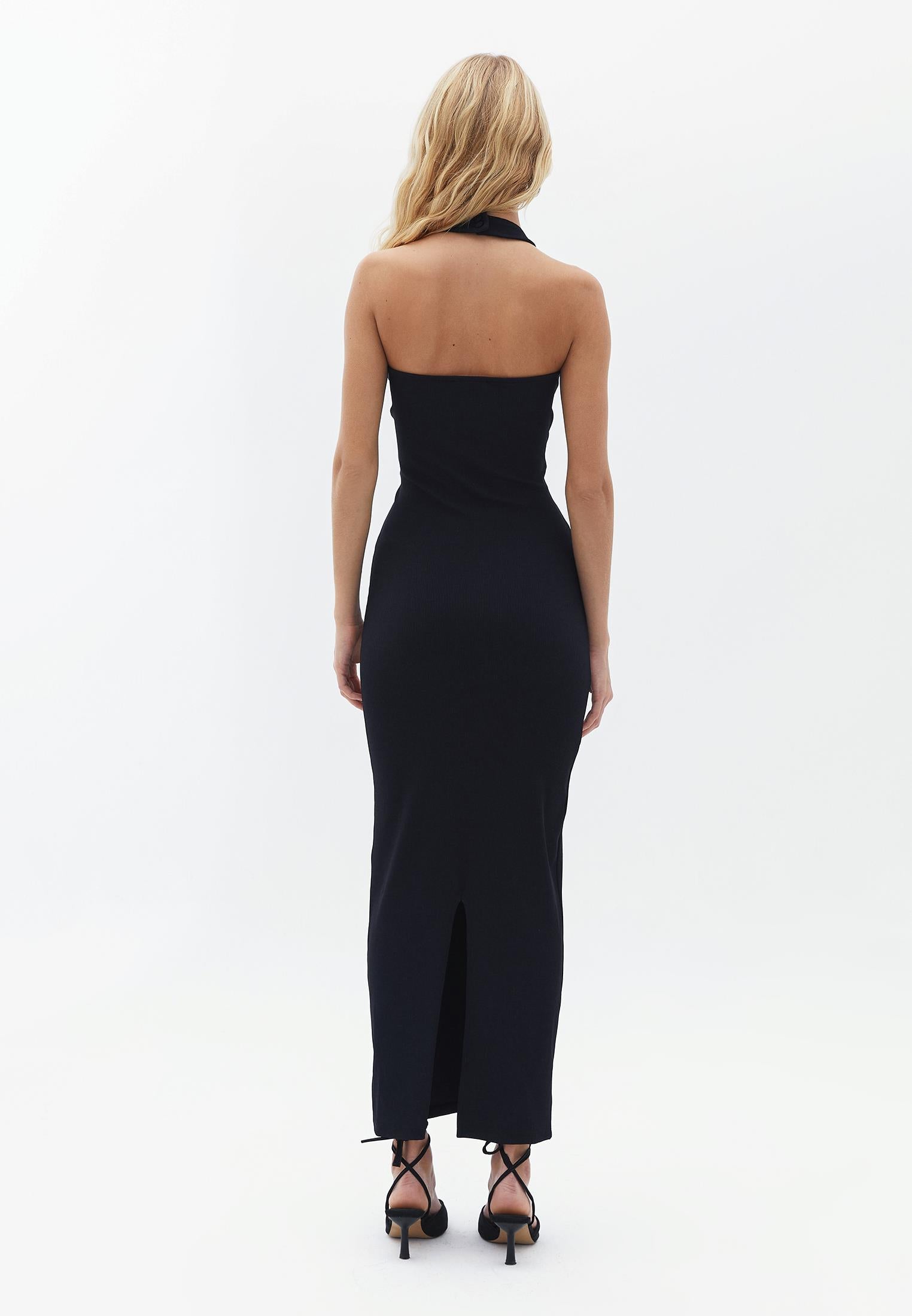 Halter Neck Long Dress - BLACK