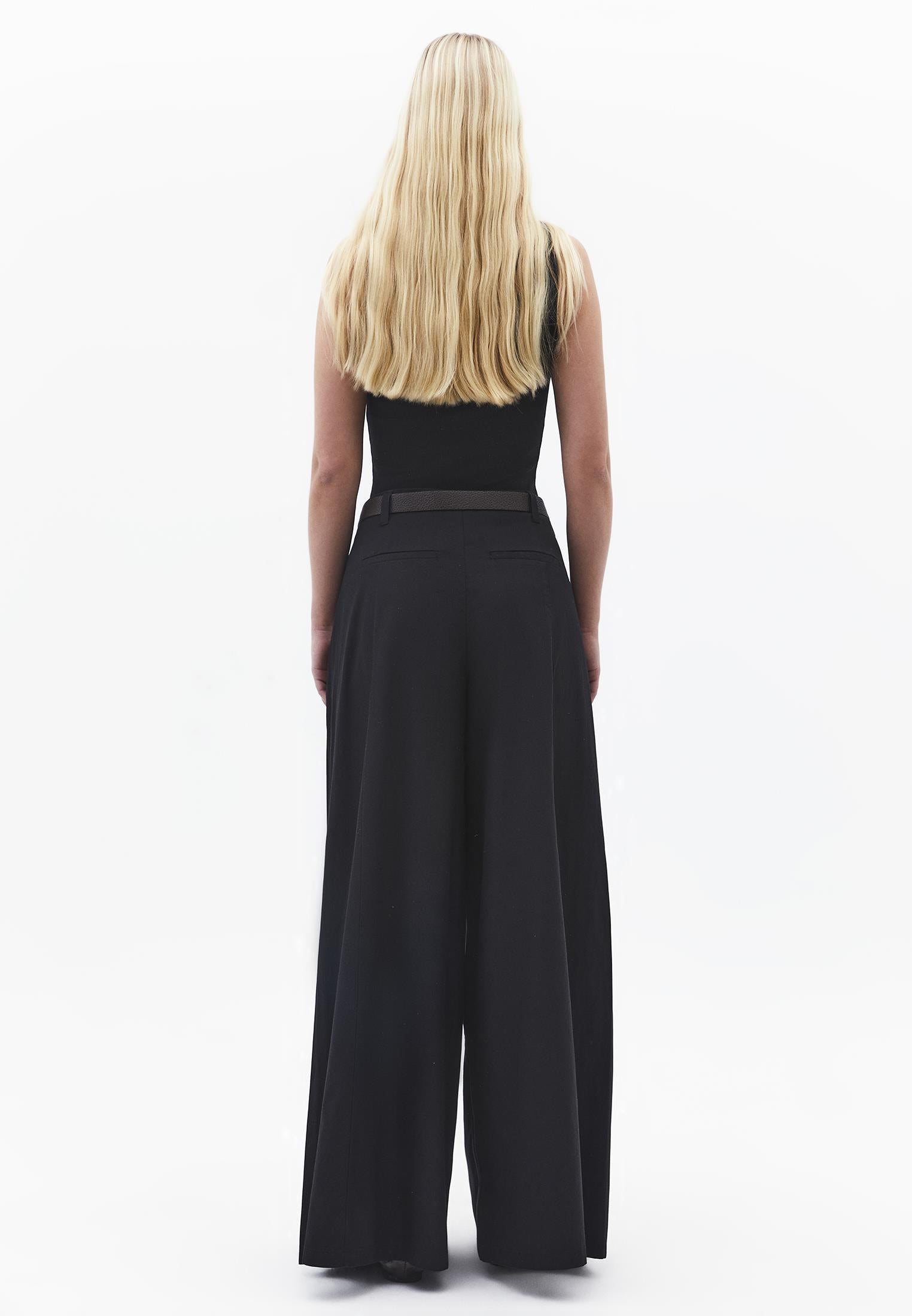 Wide Leg Ultra High Waist Belt Detailed Trousers - BLACK