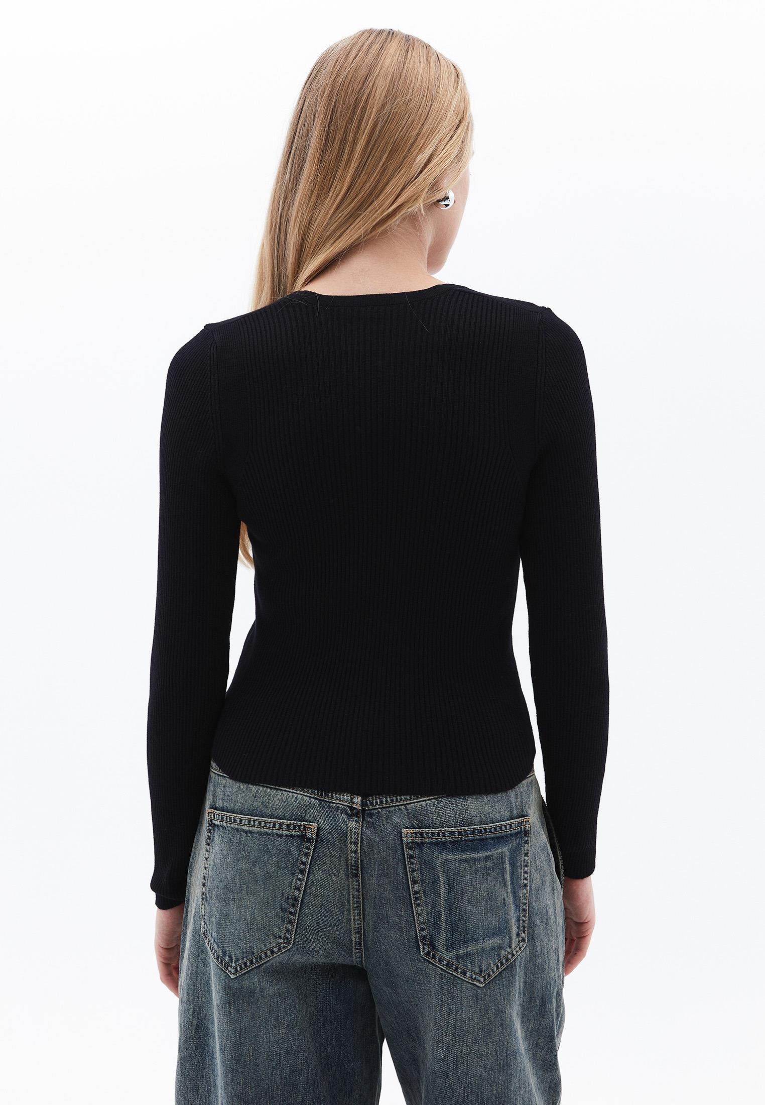 V Neck Long Sleeve Sweater - BLACK