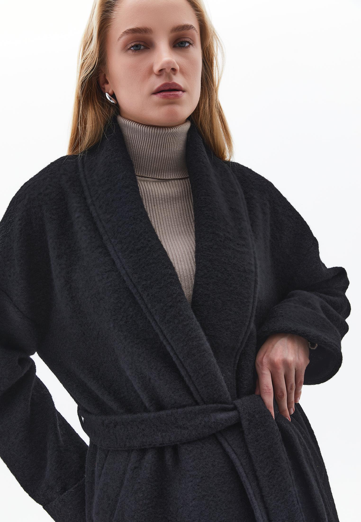 Long Coat With Shawl Collar And Belt Detail - BLACK