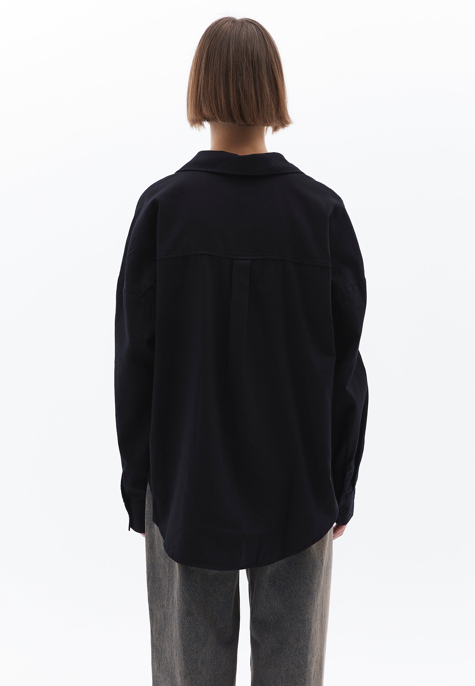 Shirt Collar Buttoned Oversize Long Sleeve Shirt - BLACK