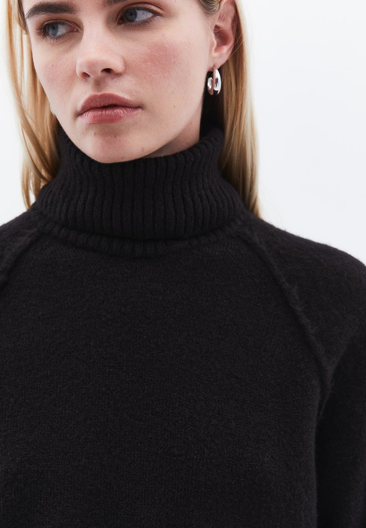 Turtleneck Raglan Sleeve Ribbed Knitwear - BLACK