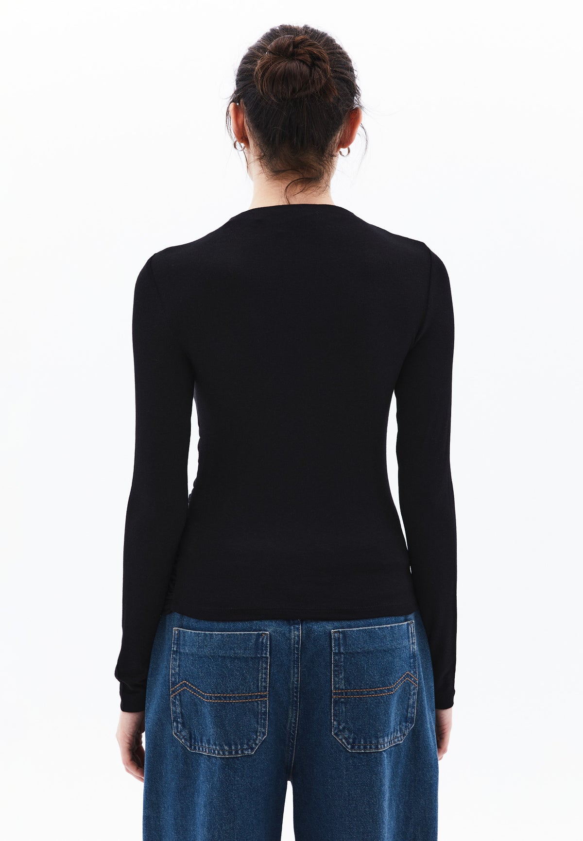 High Neck Ruched Long Sleeve T-Shirt - BLACK