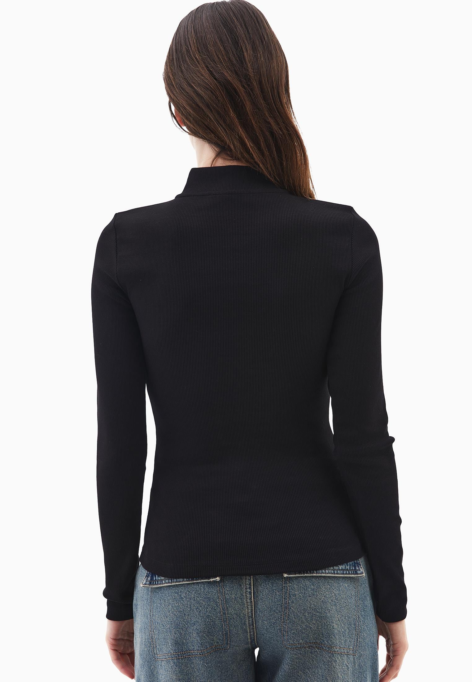 High Neck T-Shirt With Zipper Detail - BLACK
