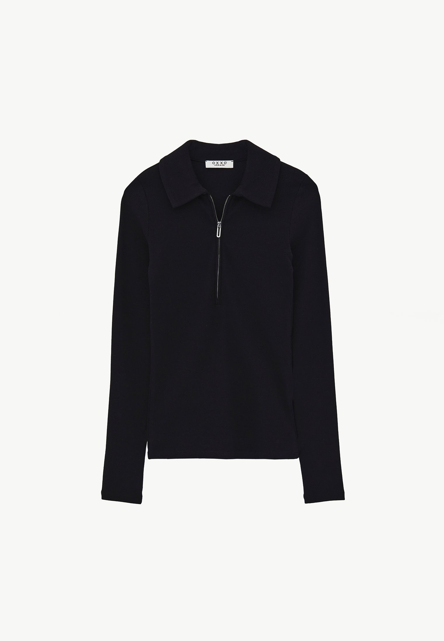 Polo Collar Zip Detailed Long Sleeve T-Shirt - BLACK