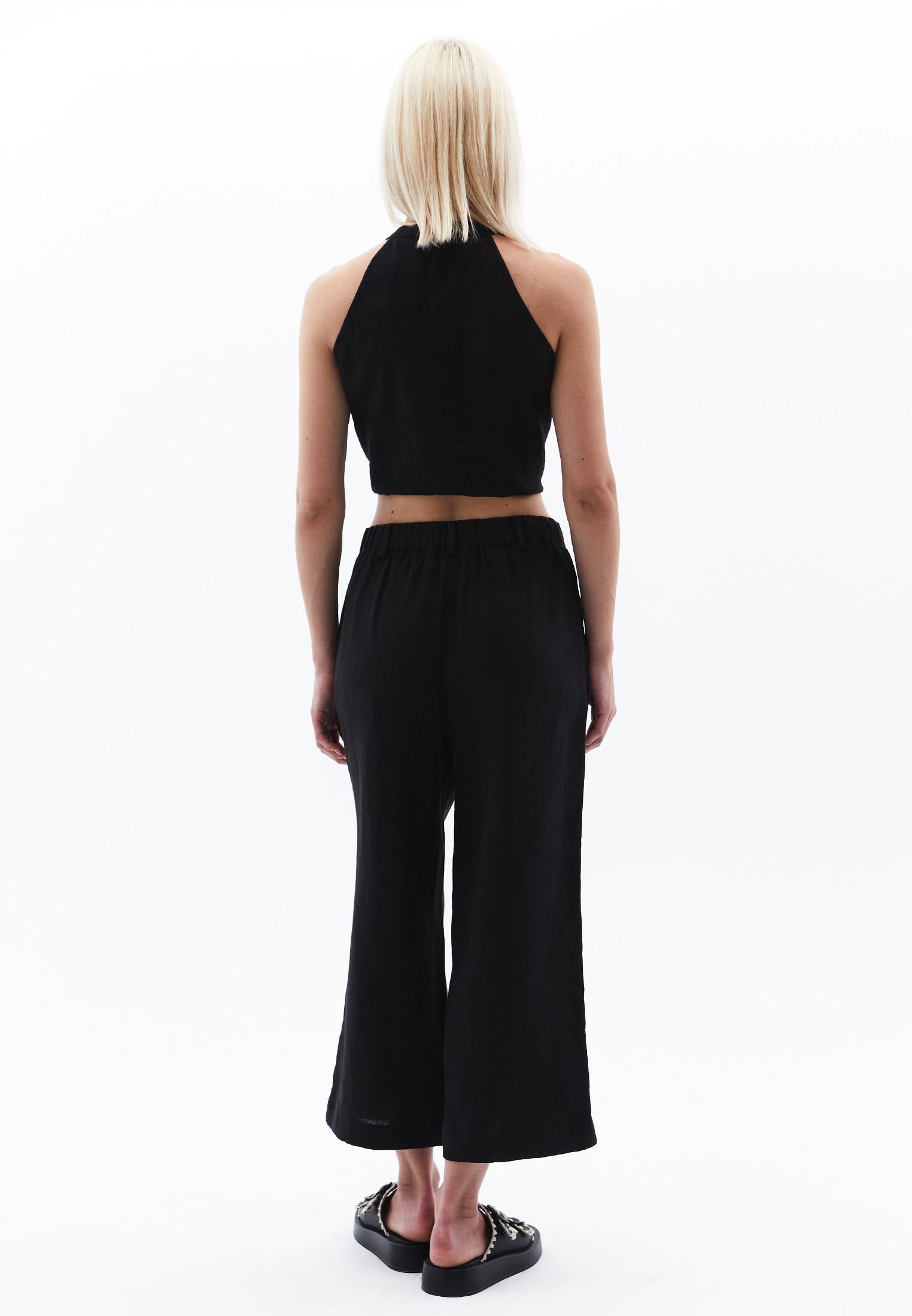Ultra High Waist Embroidered Straight Leg Pants - BLACK