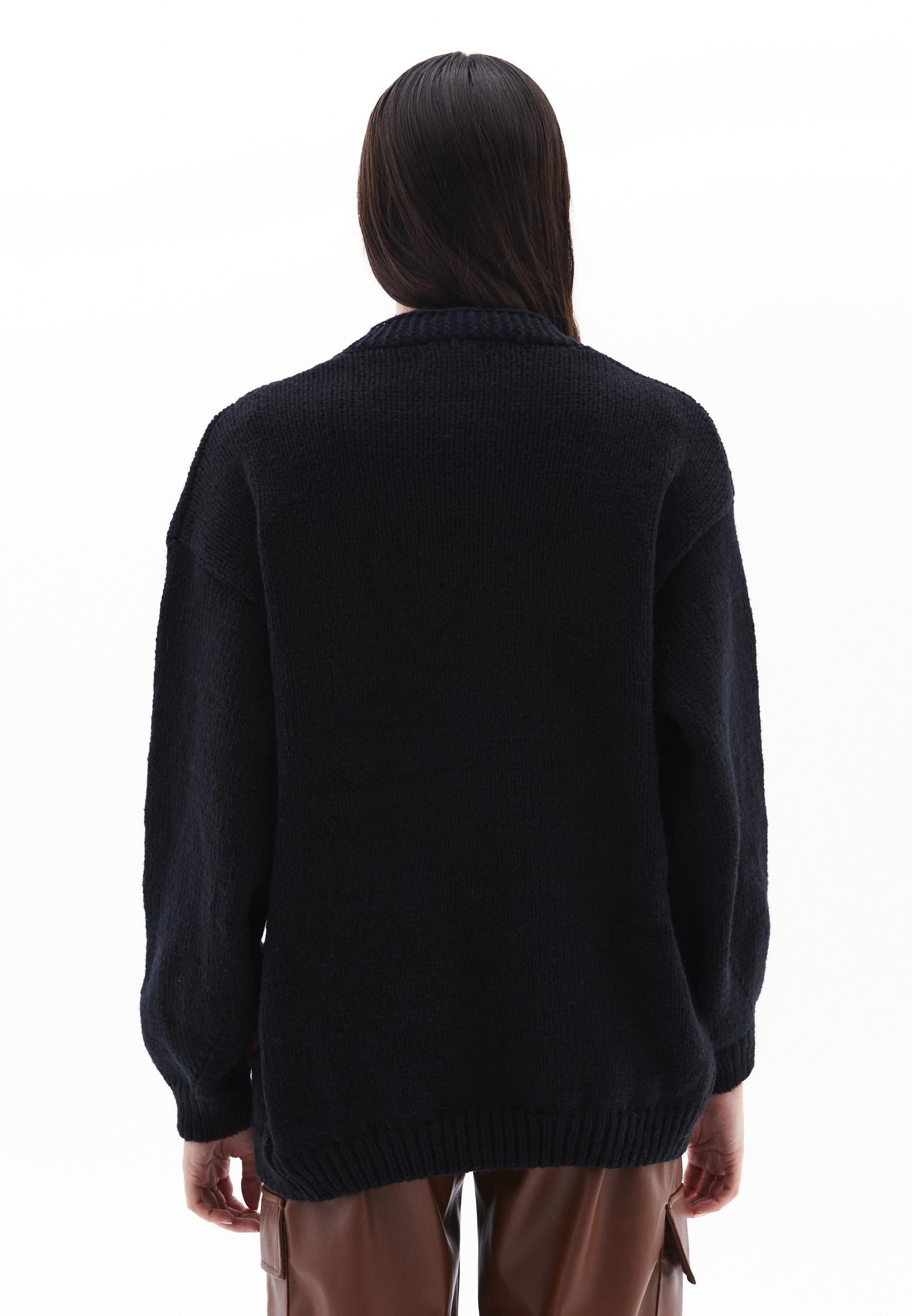 V Neck Oversize Knit Detailed Cardigan - BLACK
