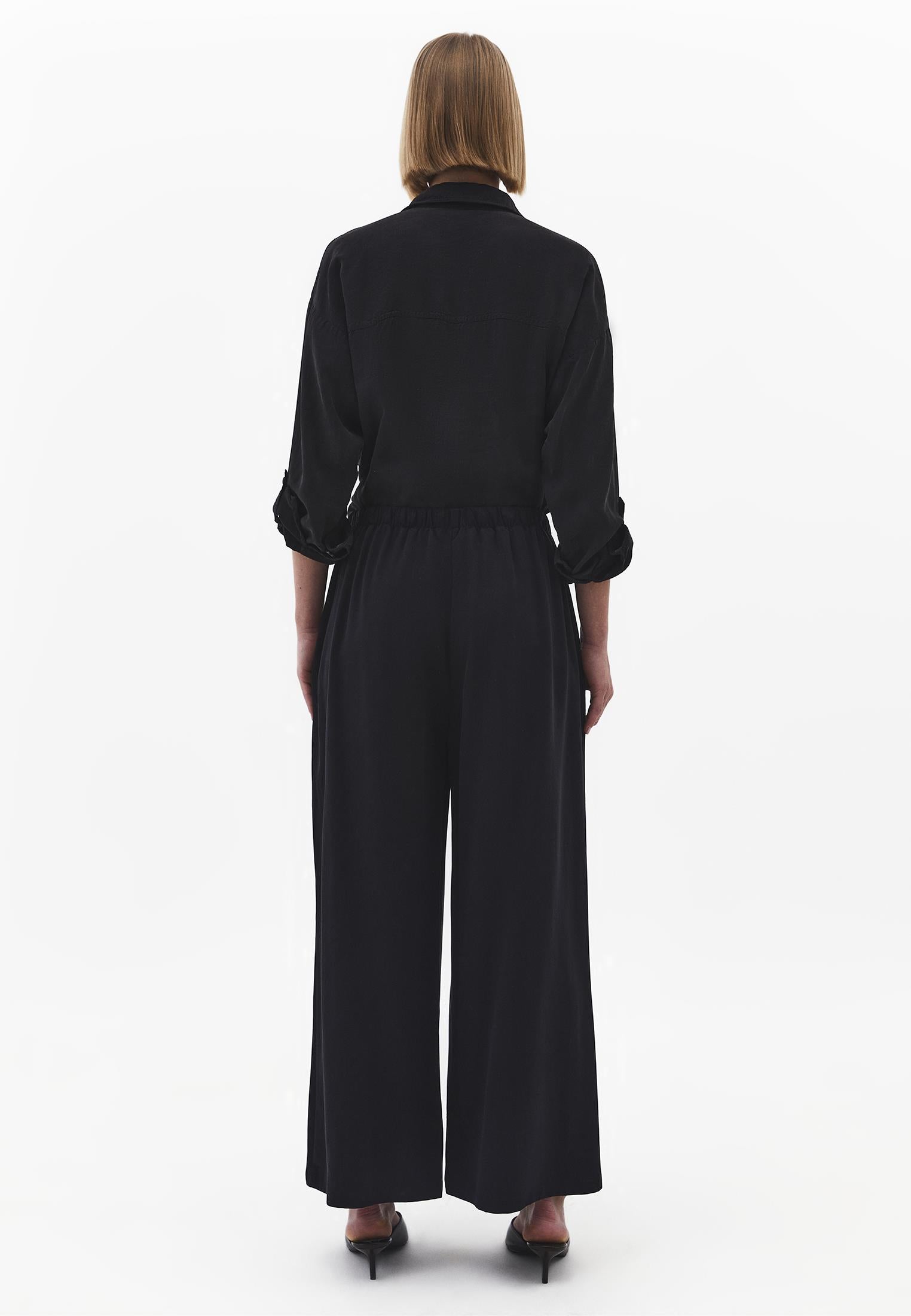 Wide Leg High Waist Elastic Pants - BLACK