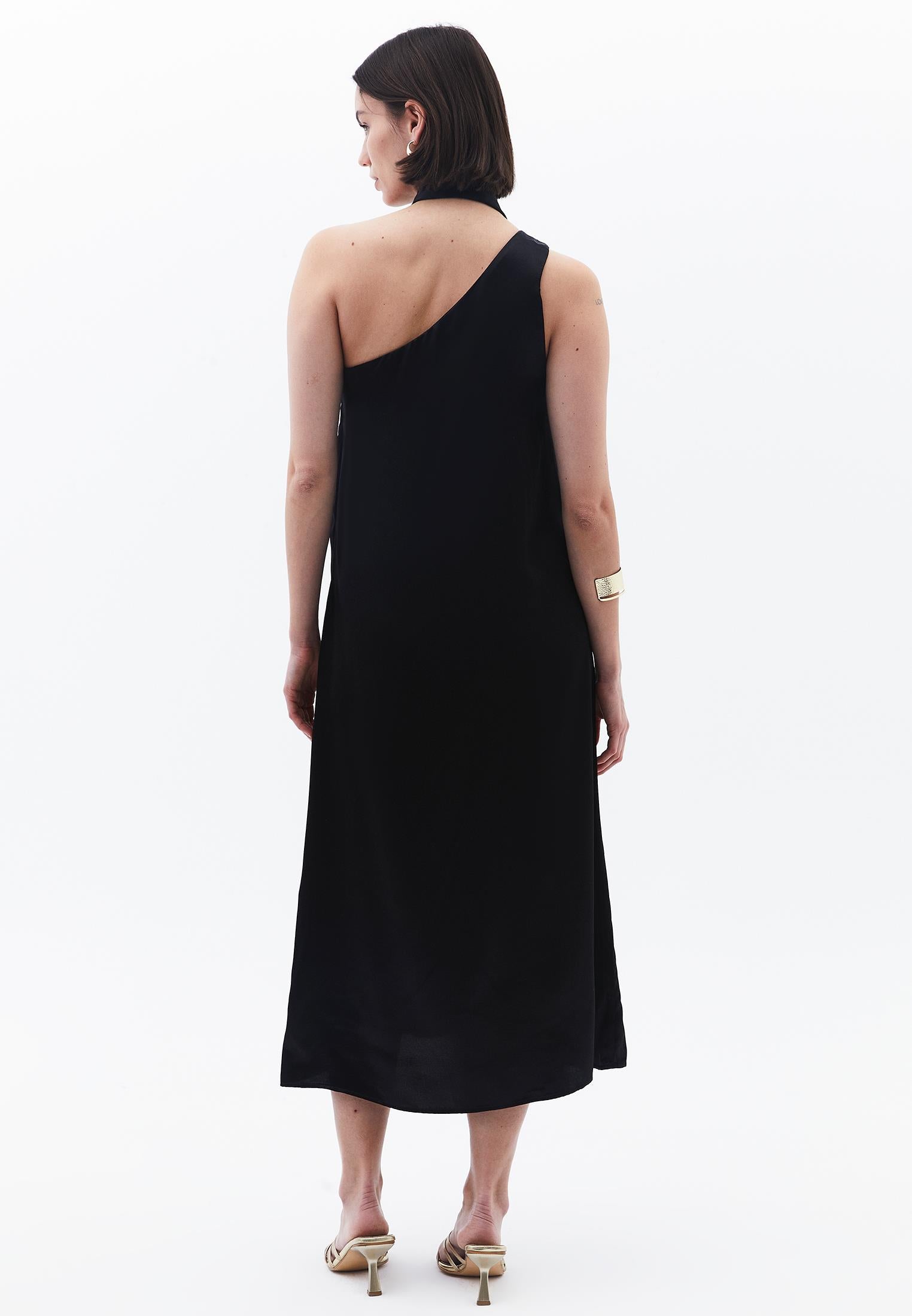Asymmetric Collar Viscose Dress - BLACK