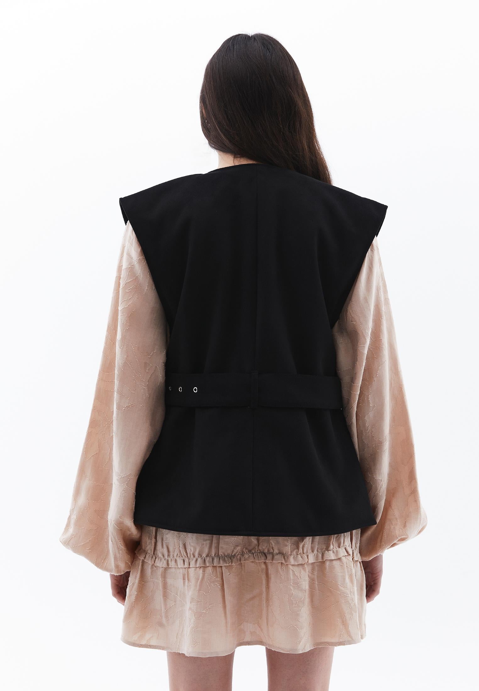 V Neck Belted Vest - BLACK