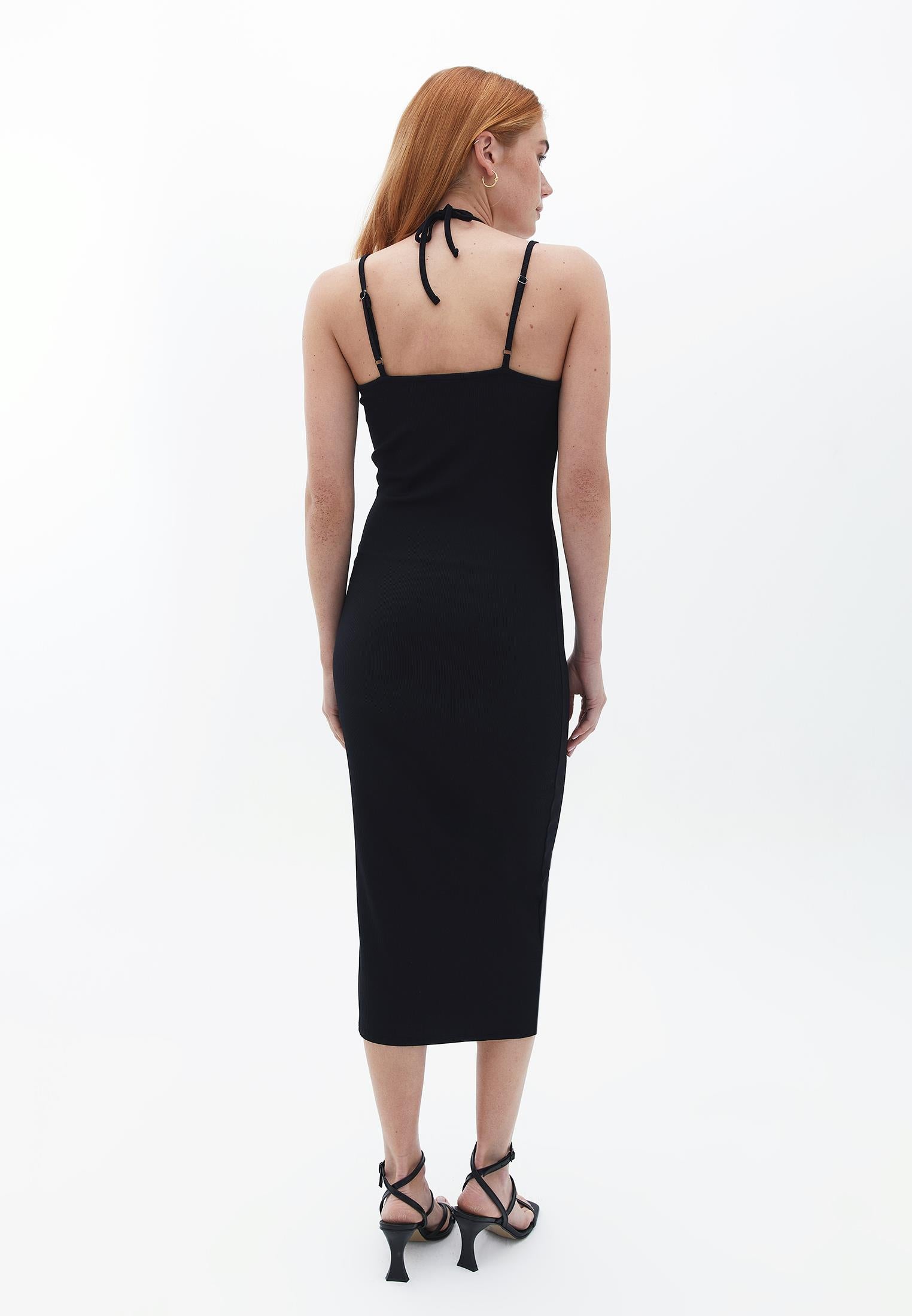 V Neck Tie Bodycon Midi Dress - BLACK