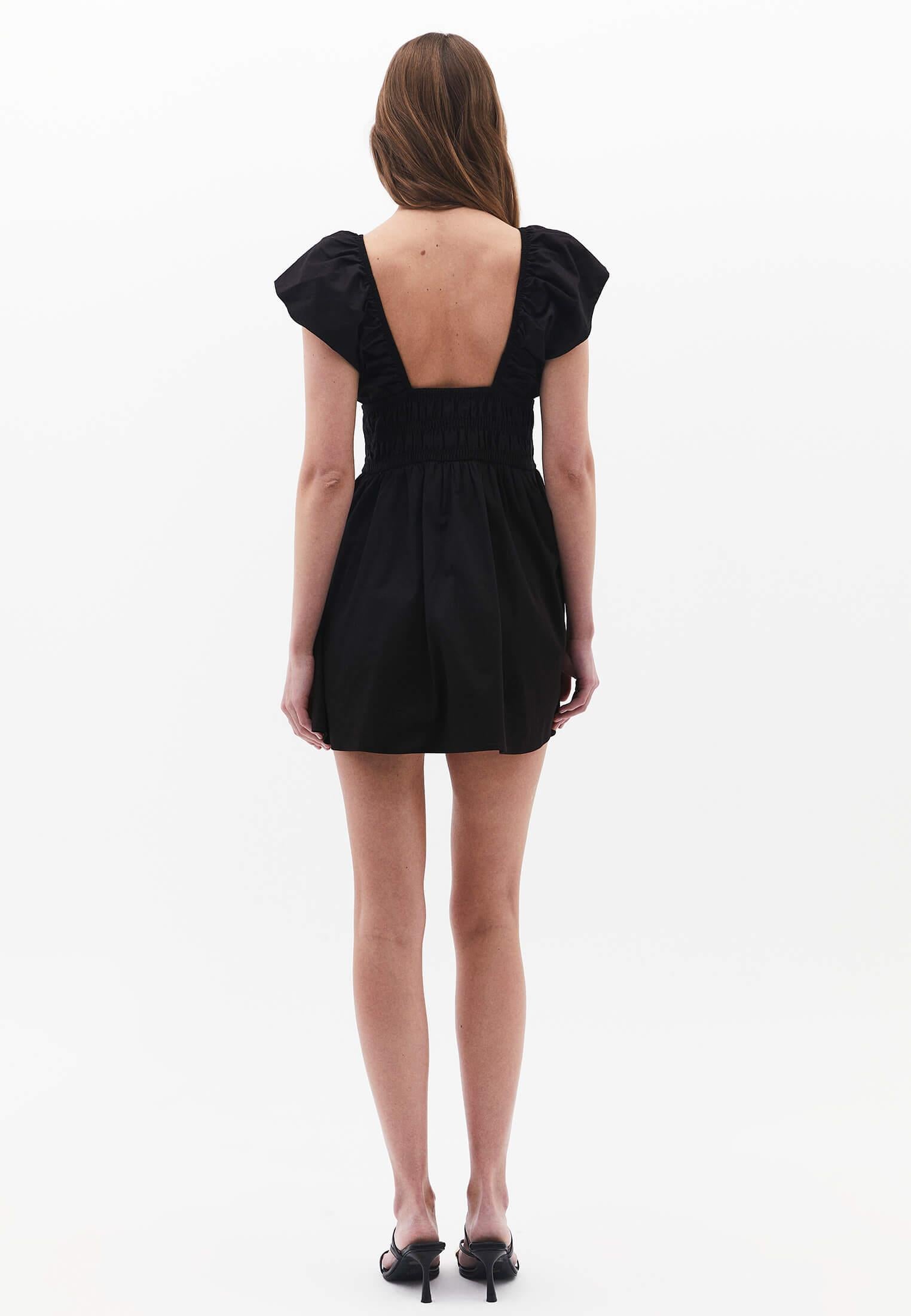 Short V Neck Smocked Dress - BLACK