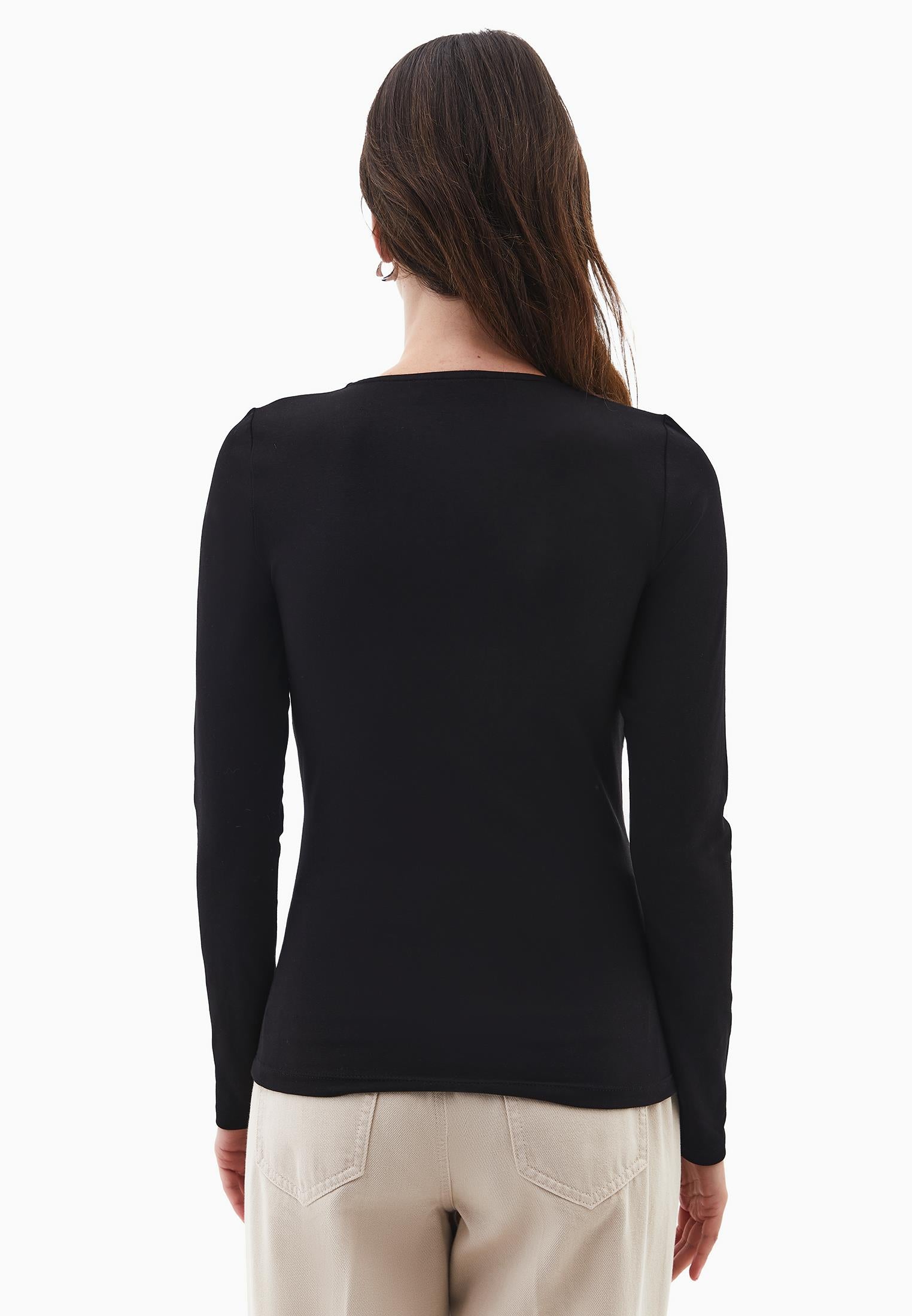 V Neck Long Sleeve Bodycon T-Shirt - BLACK