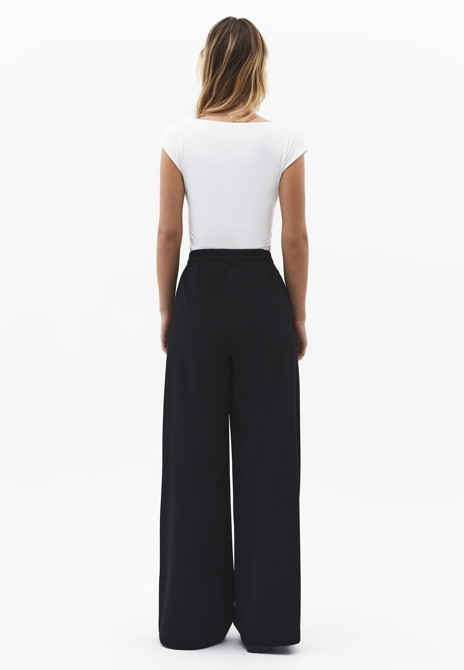 Wide Leg High Waist Elastic Waistband Pants - BLACK