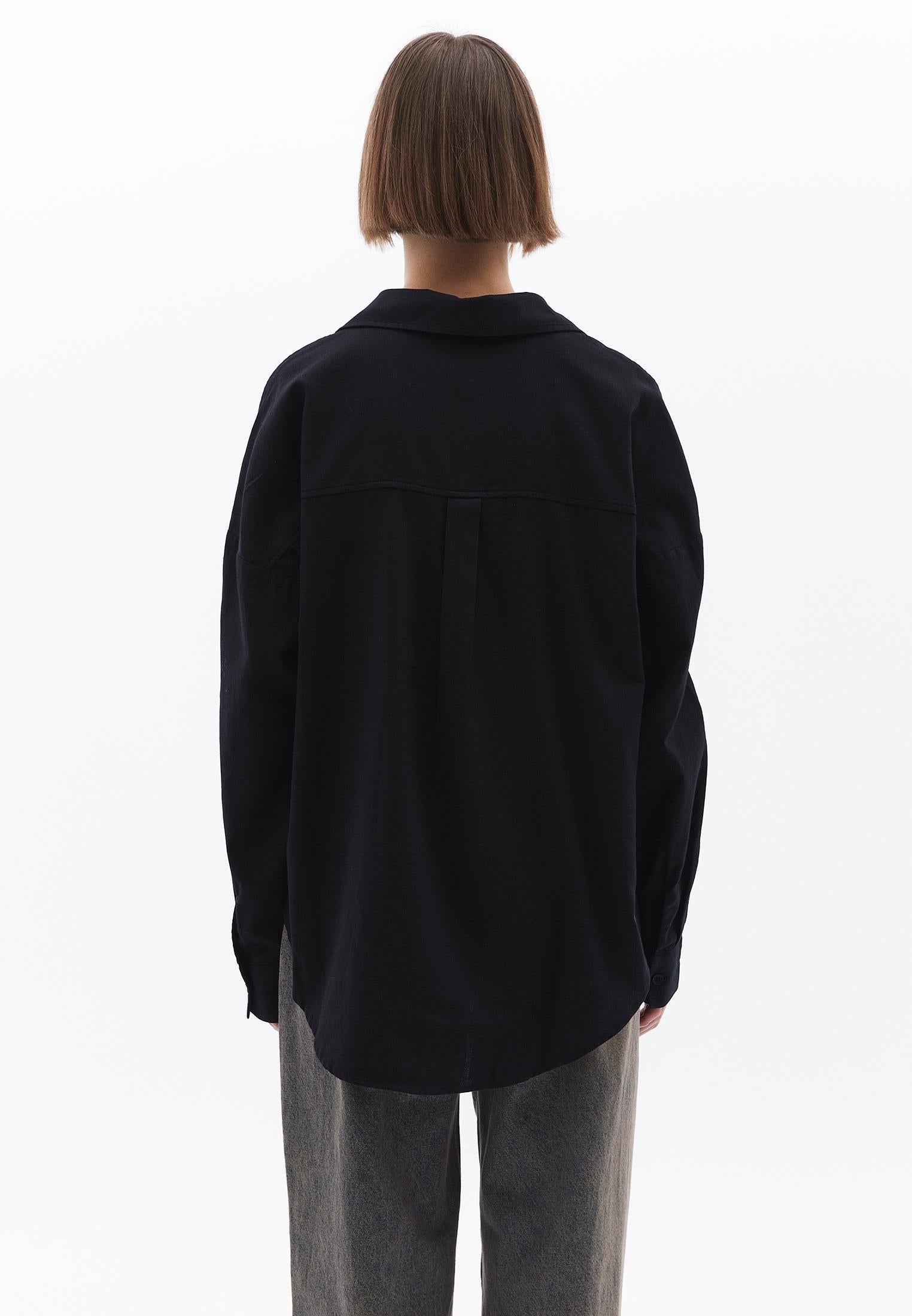 Shirt Collar Buttoned Oversize Long Sleeve Shirt - BLACK