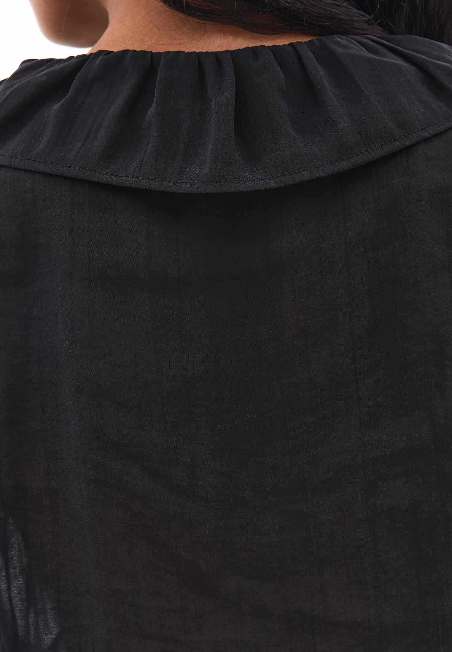 V-Neck Frilled Blouse - BLACK