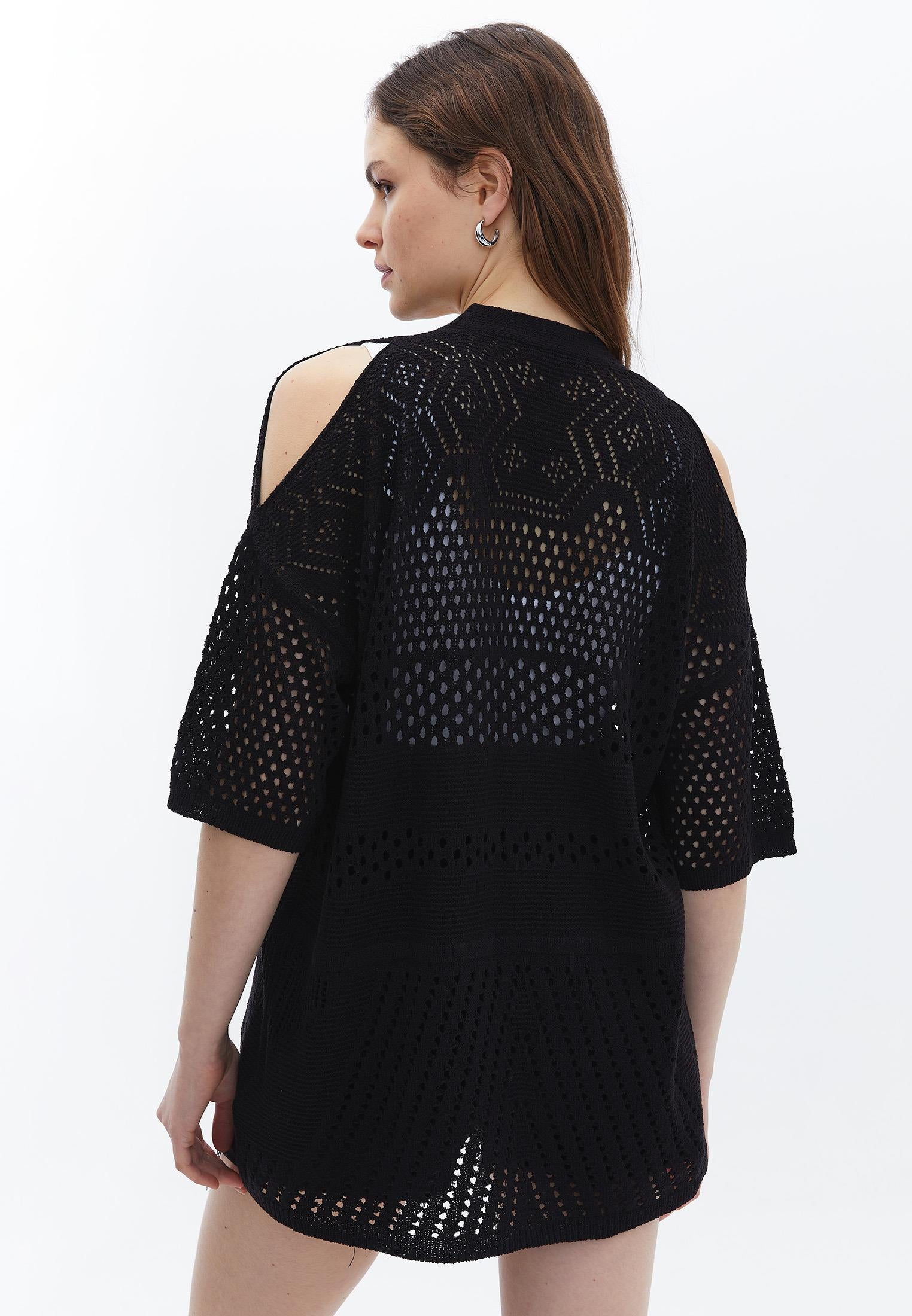 Tunic Length Cardigan With Cut Details - BLACK