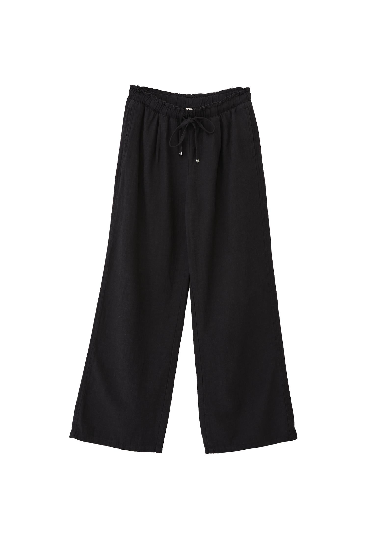High Waist Wide Leg Linen Pants - BLACK