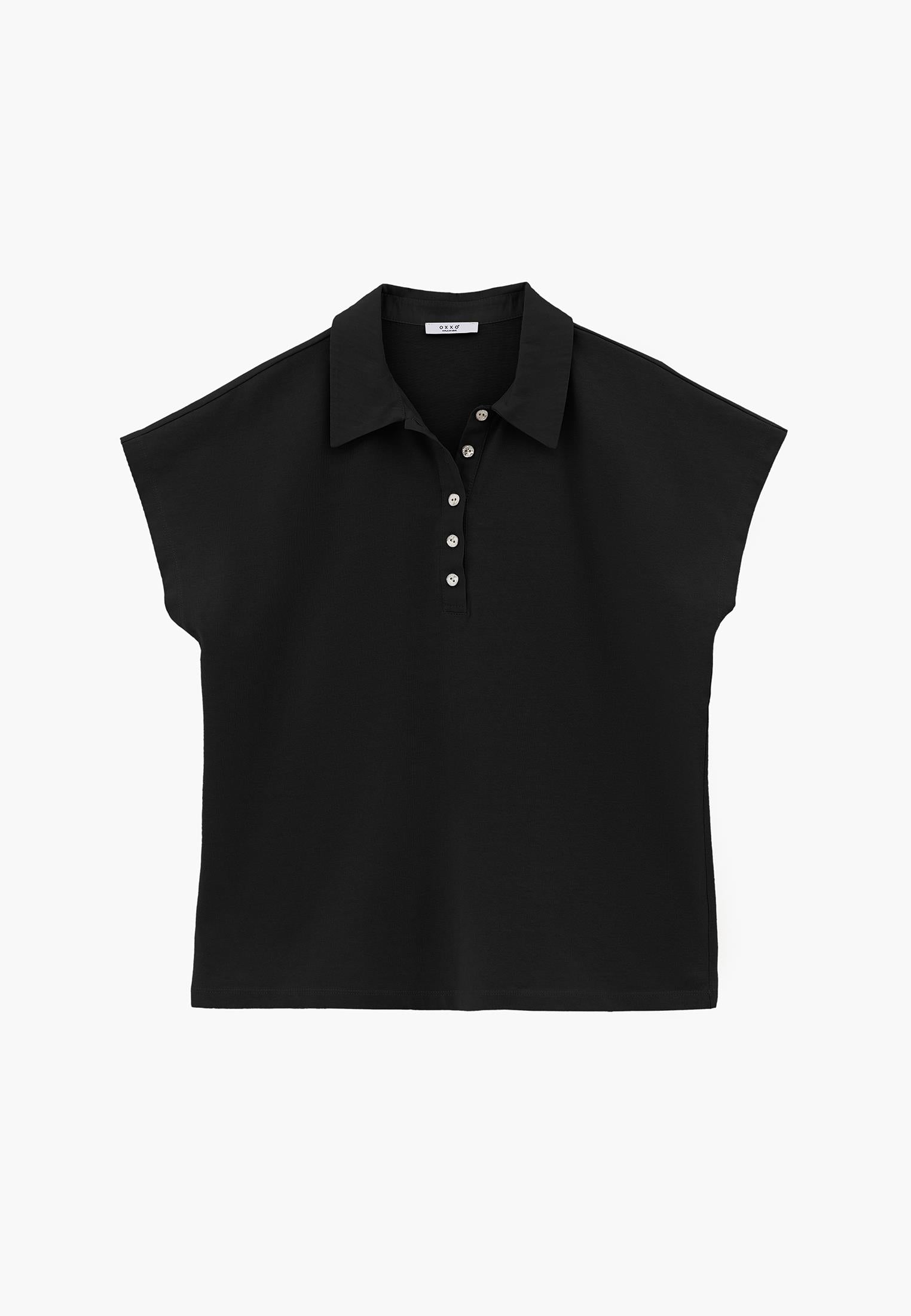 Button Detailed Polo Neck T-Shirt - BLACK