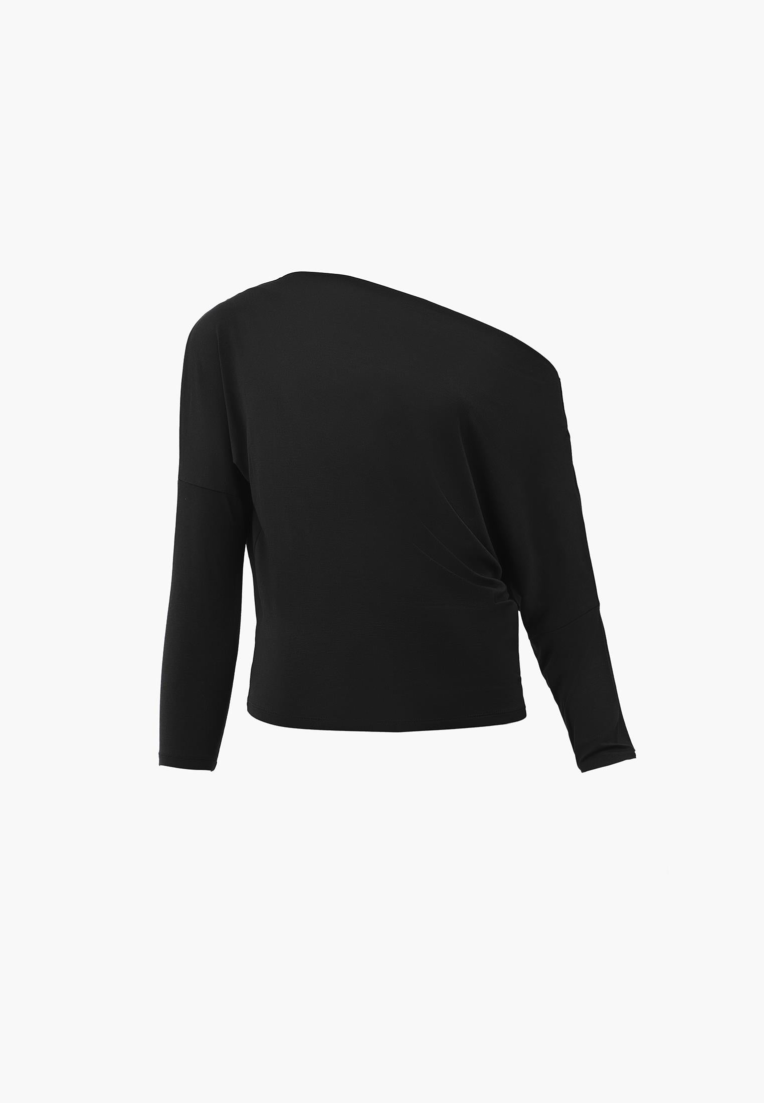 Asymmetric Neck Batwing Sleeve T-Shirt - BLACK