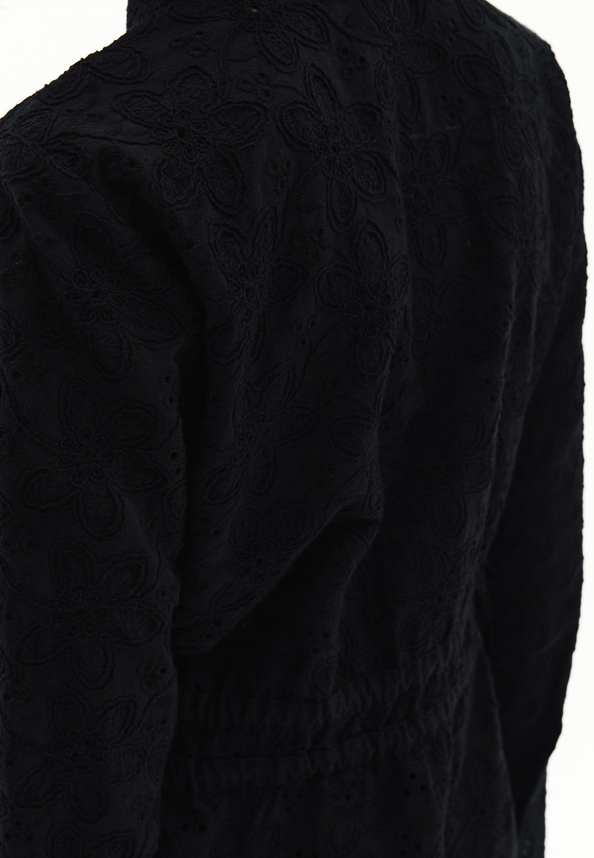 Embroidered And Shirred Long Sleeve Shirt - BLACK