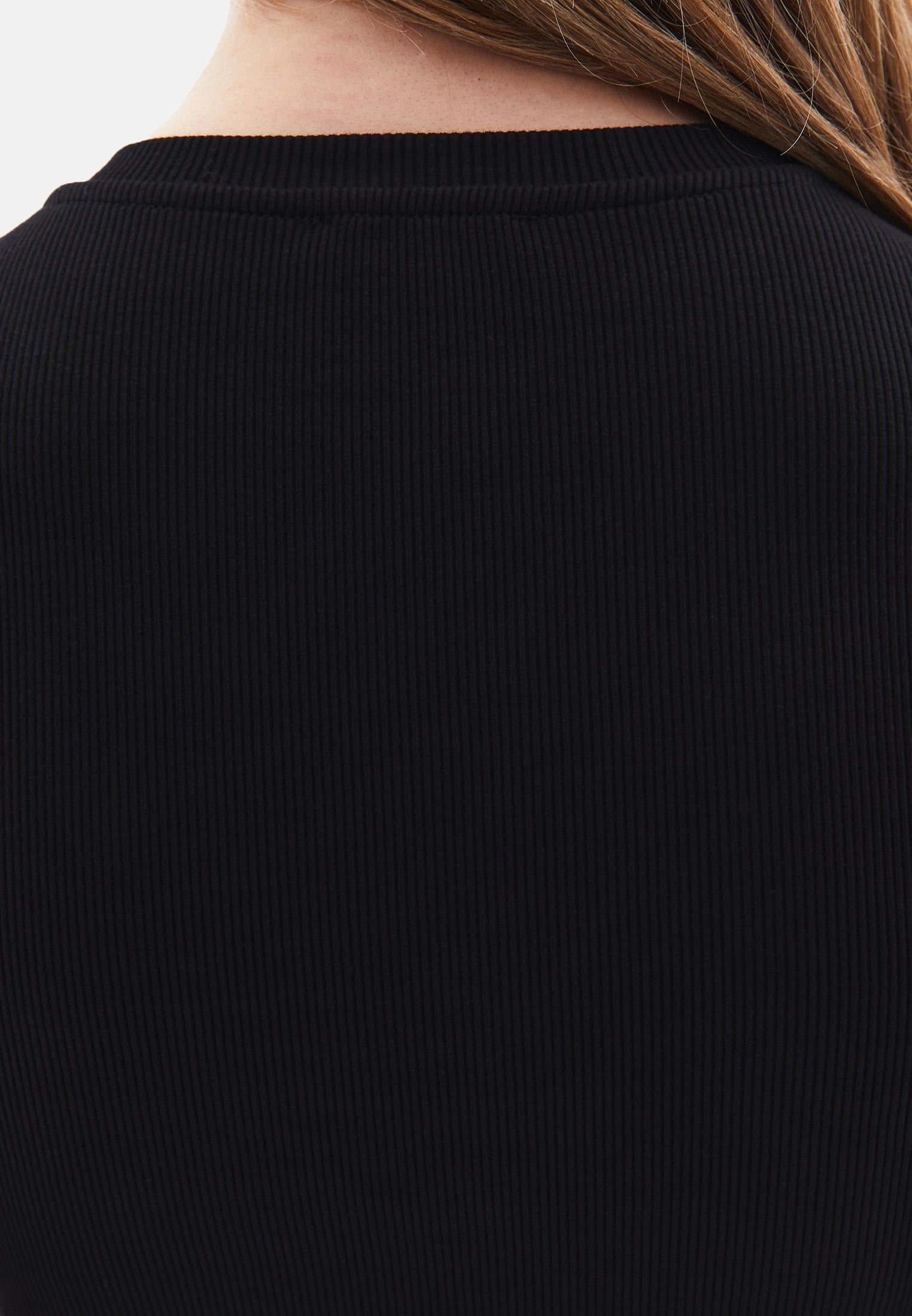 Ribbed Fabric Long Sleeve T-Shirt Crew Neck - BLACK